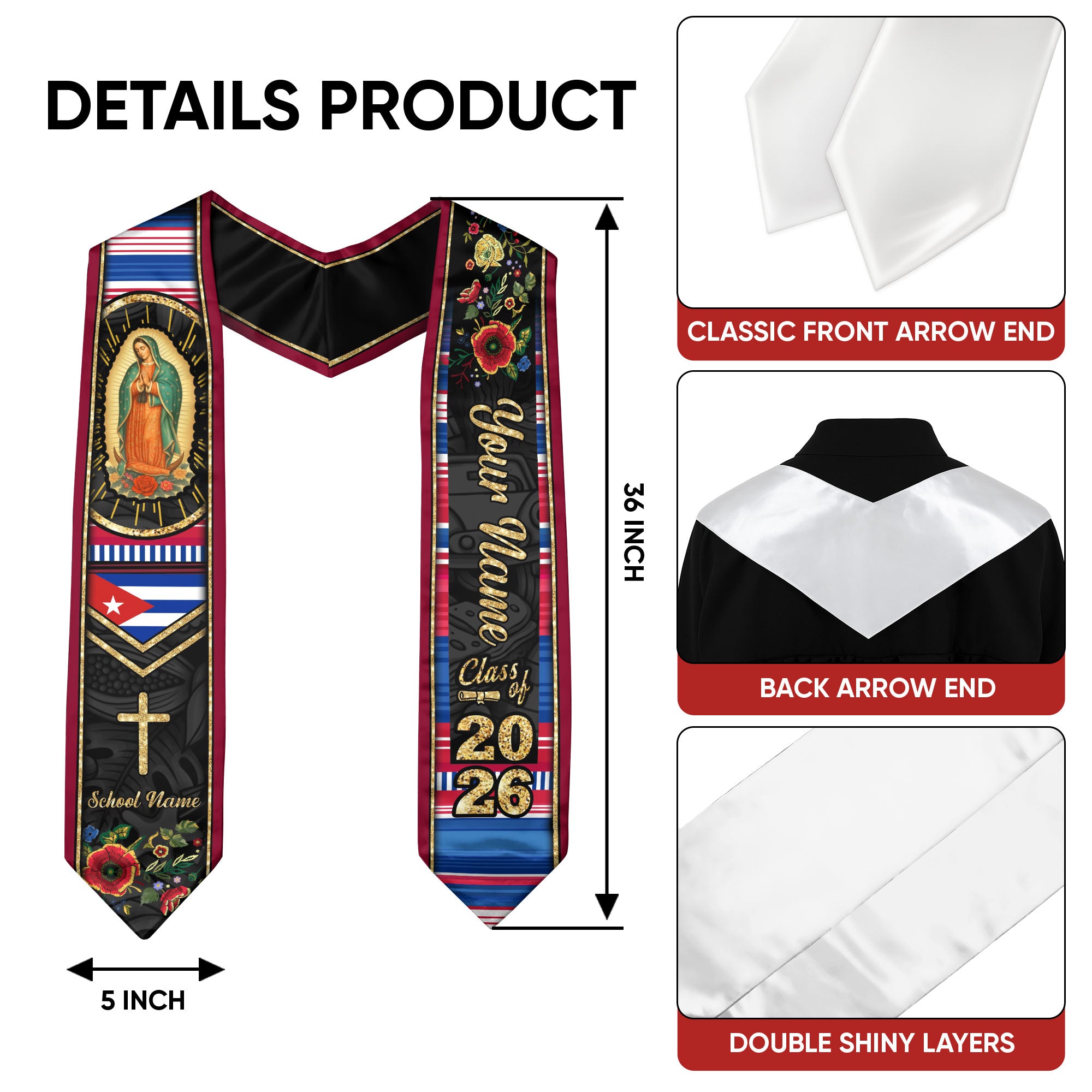 Customized Cuba Graduation Stole Featuring Cuban Flag Heritage Style, Graduation Sash for Class of 2026