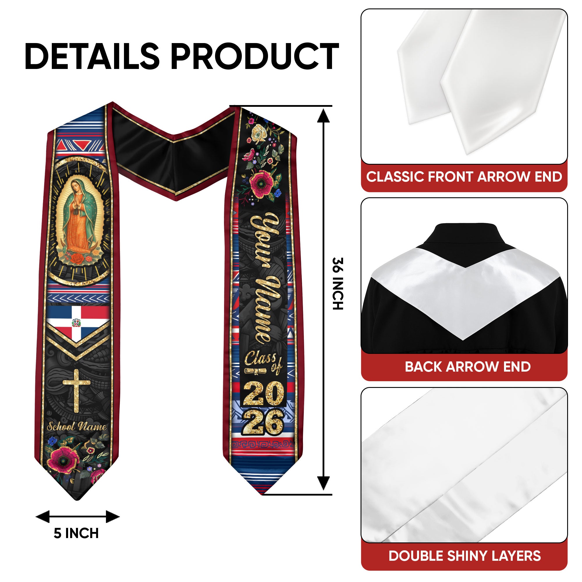 Customized Dominican Graduation Stole with National Flag Theme, Graduation Sash Celebrating Class of 2026
