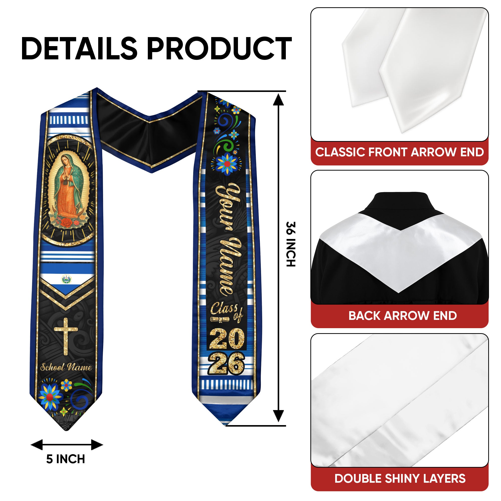 Customized El Salvador Graduation Stole Highlighting Salvadoran Flag Design, Graduation Sash for 2026