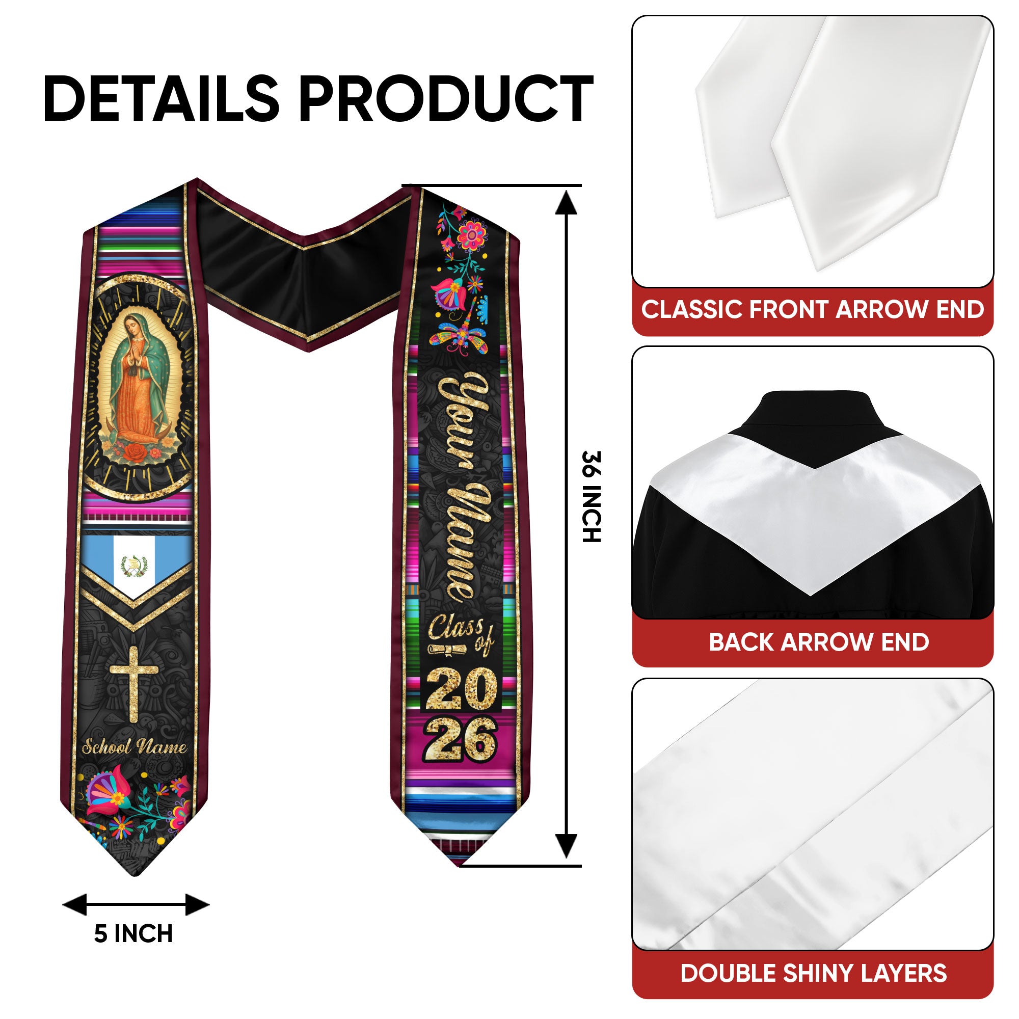 Customized Guatemala Graduation Stole with Guatemalan Flag Heritage Pattern, Graduation Sash Class of 2026