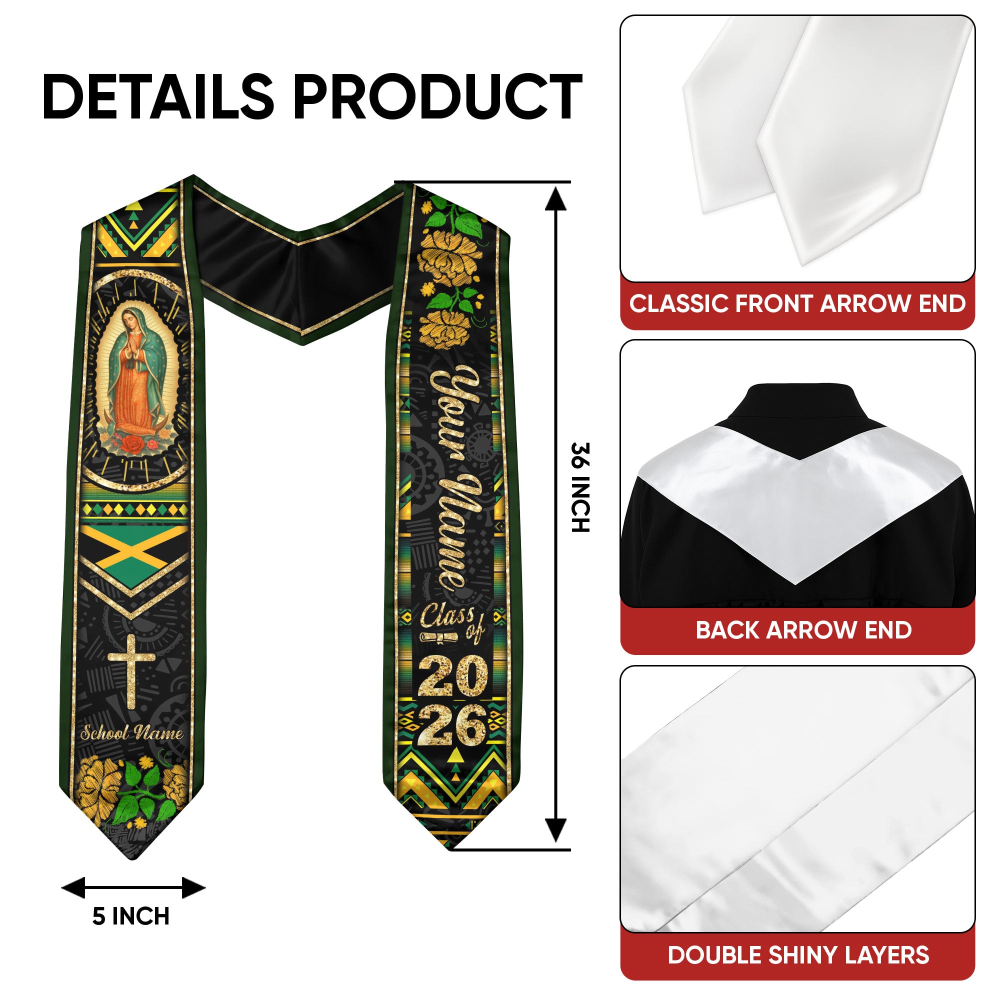 Customized Jamaica Graduation Stole Showcasing Jamaican Flag Colors, Graduation Sash for Class of 2026