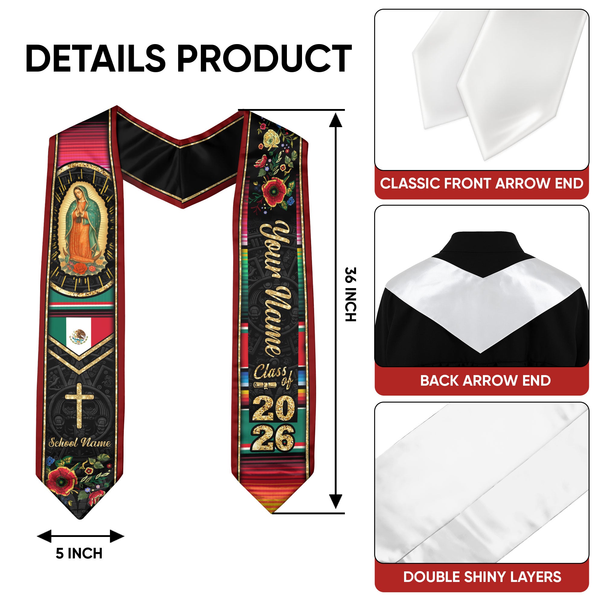 Mexico Flag Graduation Sash 2026, Mexico Graduation Stole, Signature Detail for Graduates