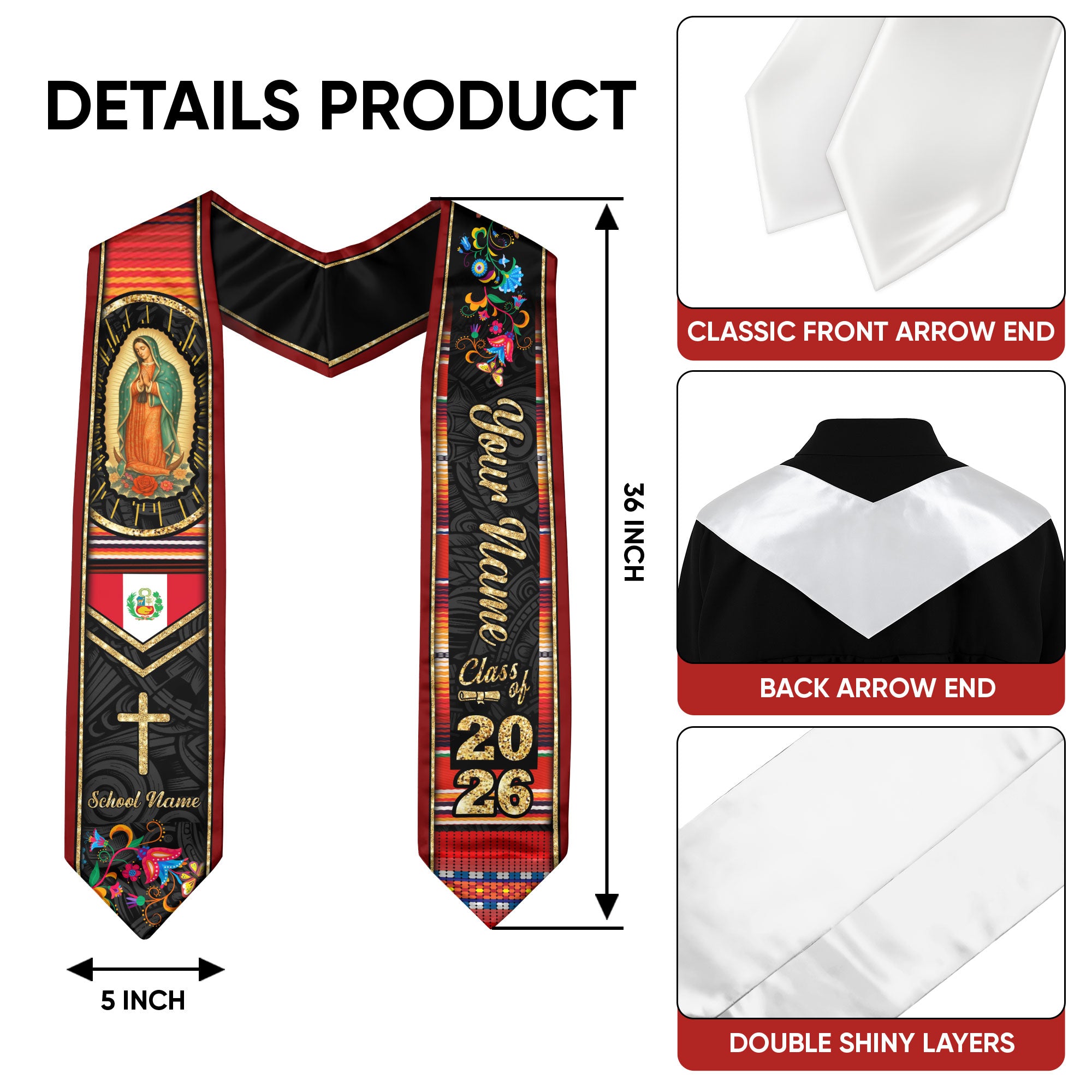 Customized Peru Graduation Stole Featuring Peruvian Flag Design, Graduation Sash for the Class of 2026