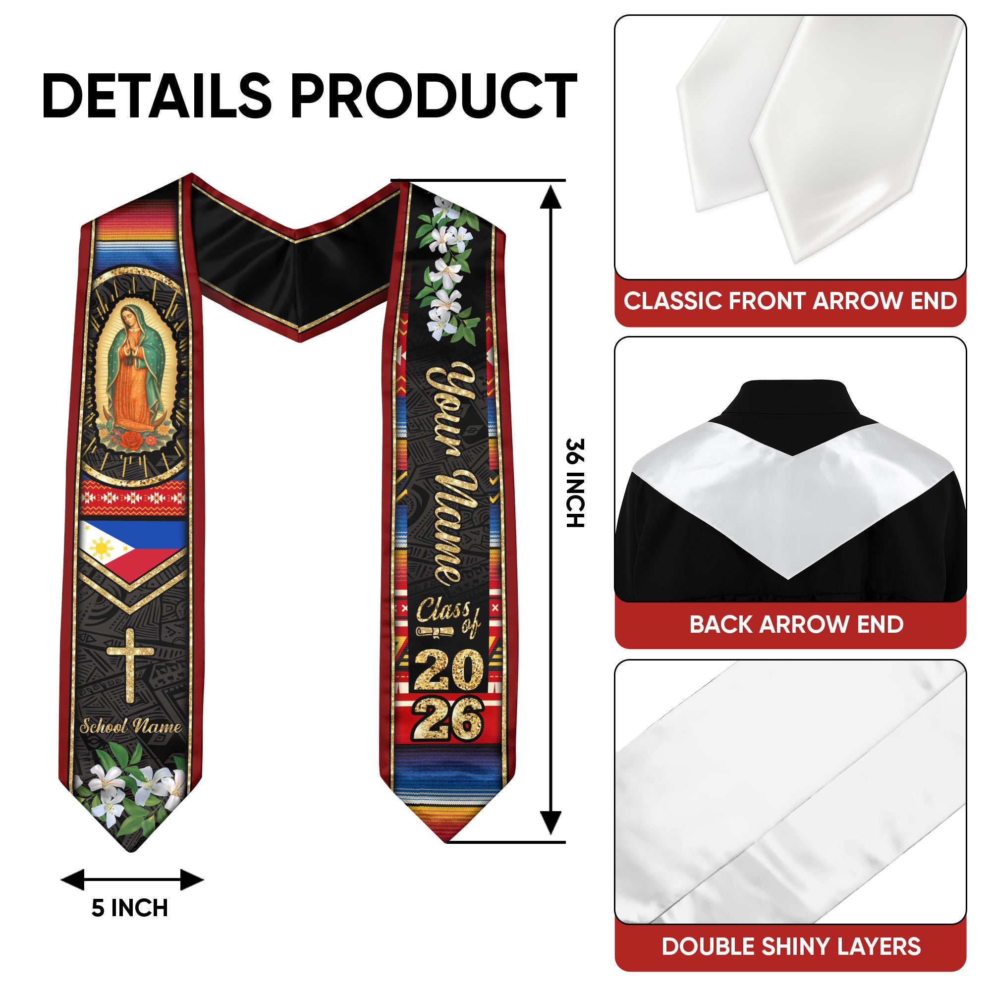 Customized Philippines Graduation Stole with Filipino Flag Inspired Pattern, Graduation Sash Class of 2026