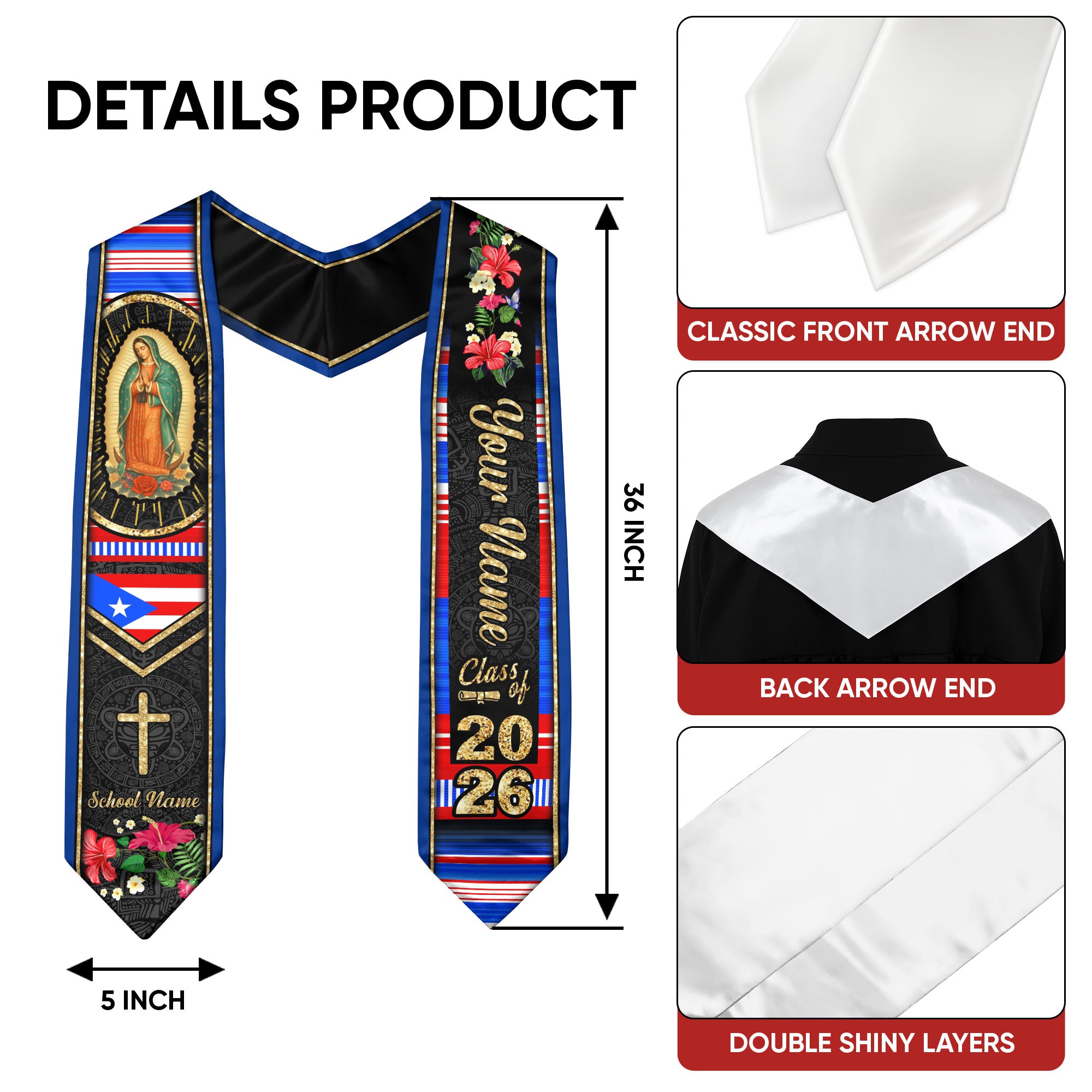 Customized Puerto Rico Graduation Stole Highlighting Puerto Rican Flag Theme, Graduation Sash Class of 2026