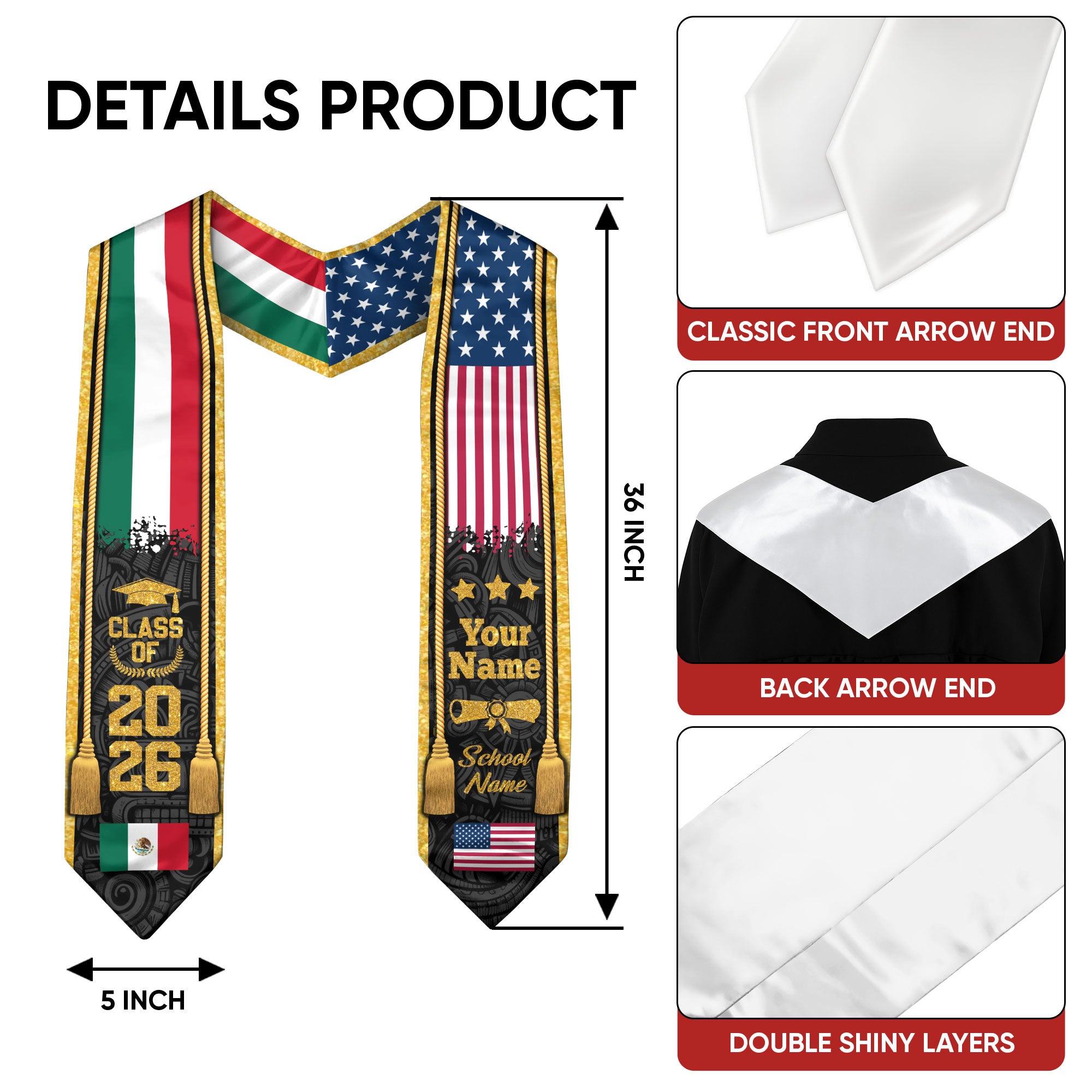 Mexico Graduation Stole 2026, Mexican Flag Sash, Tailored Detail for Class of 2026 Grads
