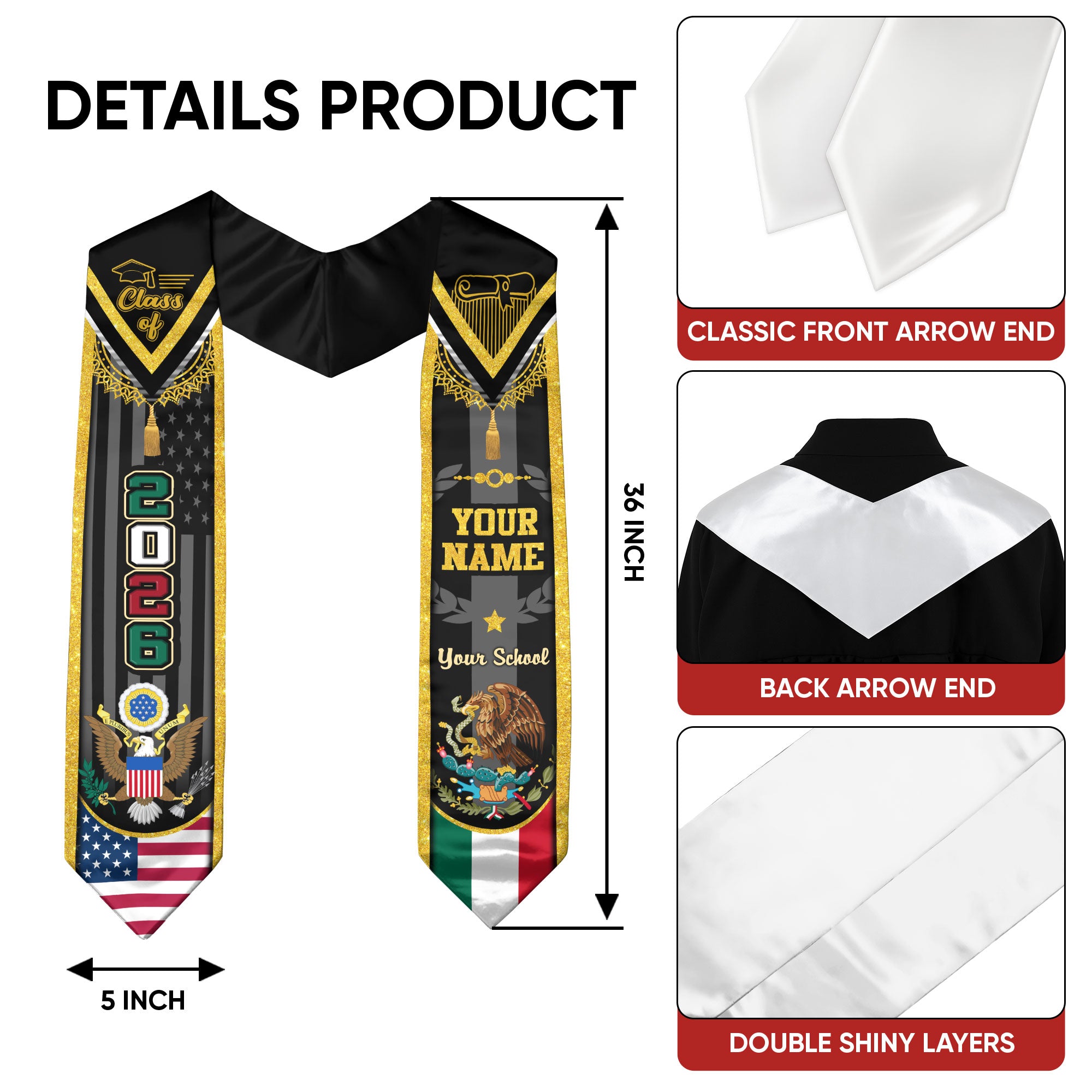 Mexican Flag Graduation Sash 2026, Mexico Stole, Signature Custom Finish for Graduates