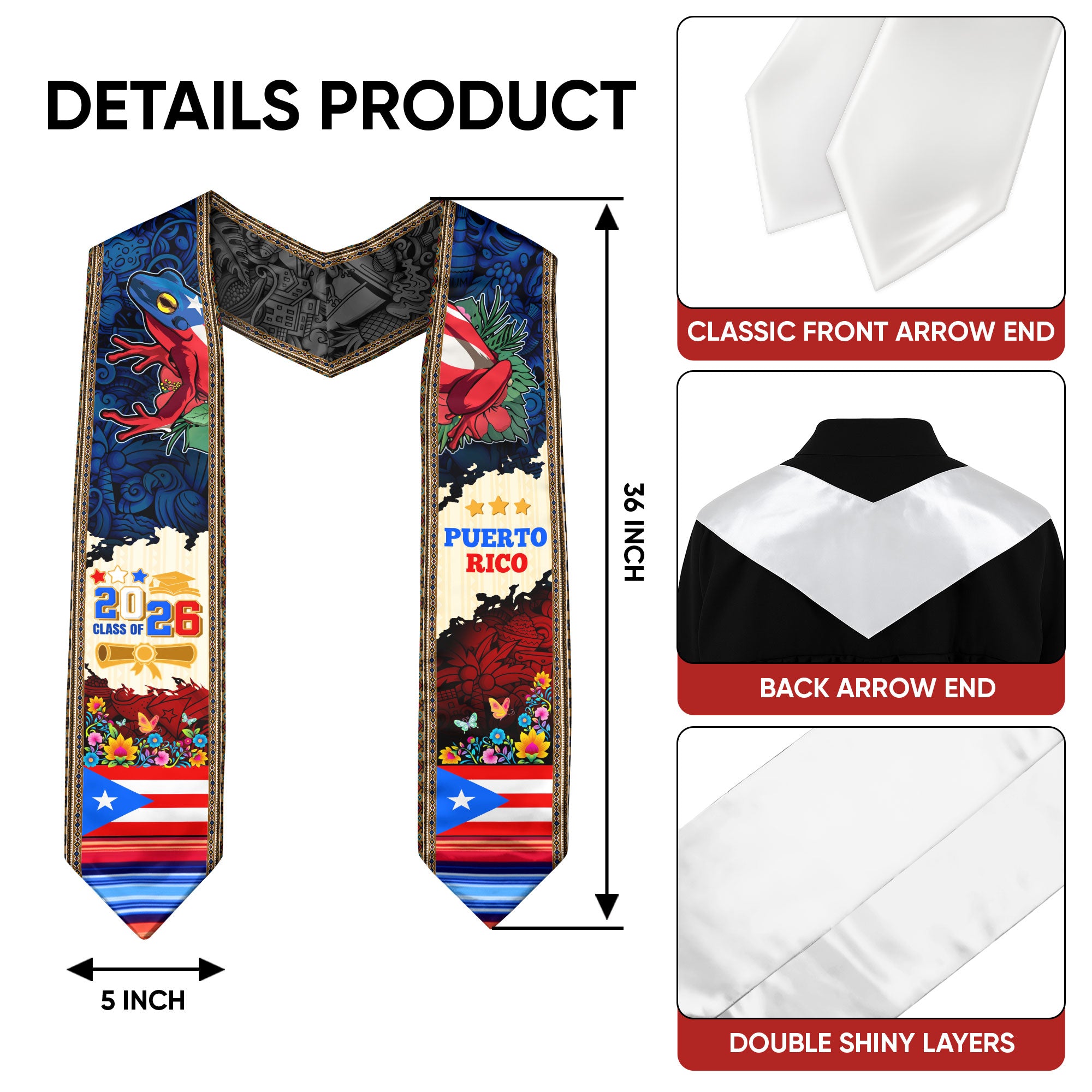 Puerto Rico Graduation Stole 2026, Puerto Rican Flag Graduation Sash, Signature Detail