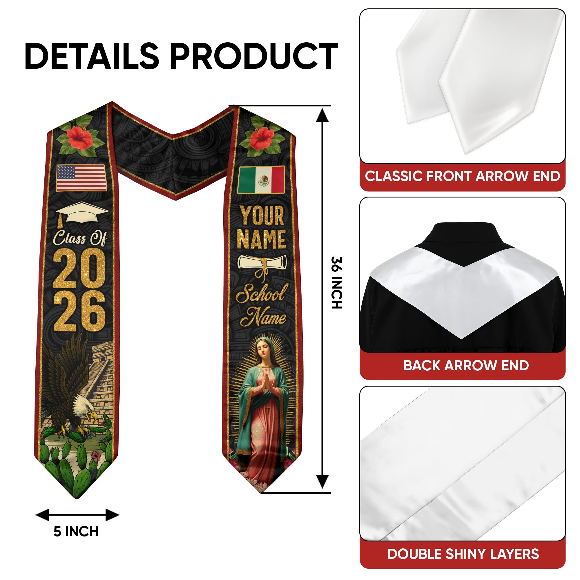Mexican Graduation Stole 2026, Mexico Flag Sash, Personalized Accent Option for Ceremony