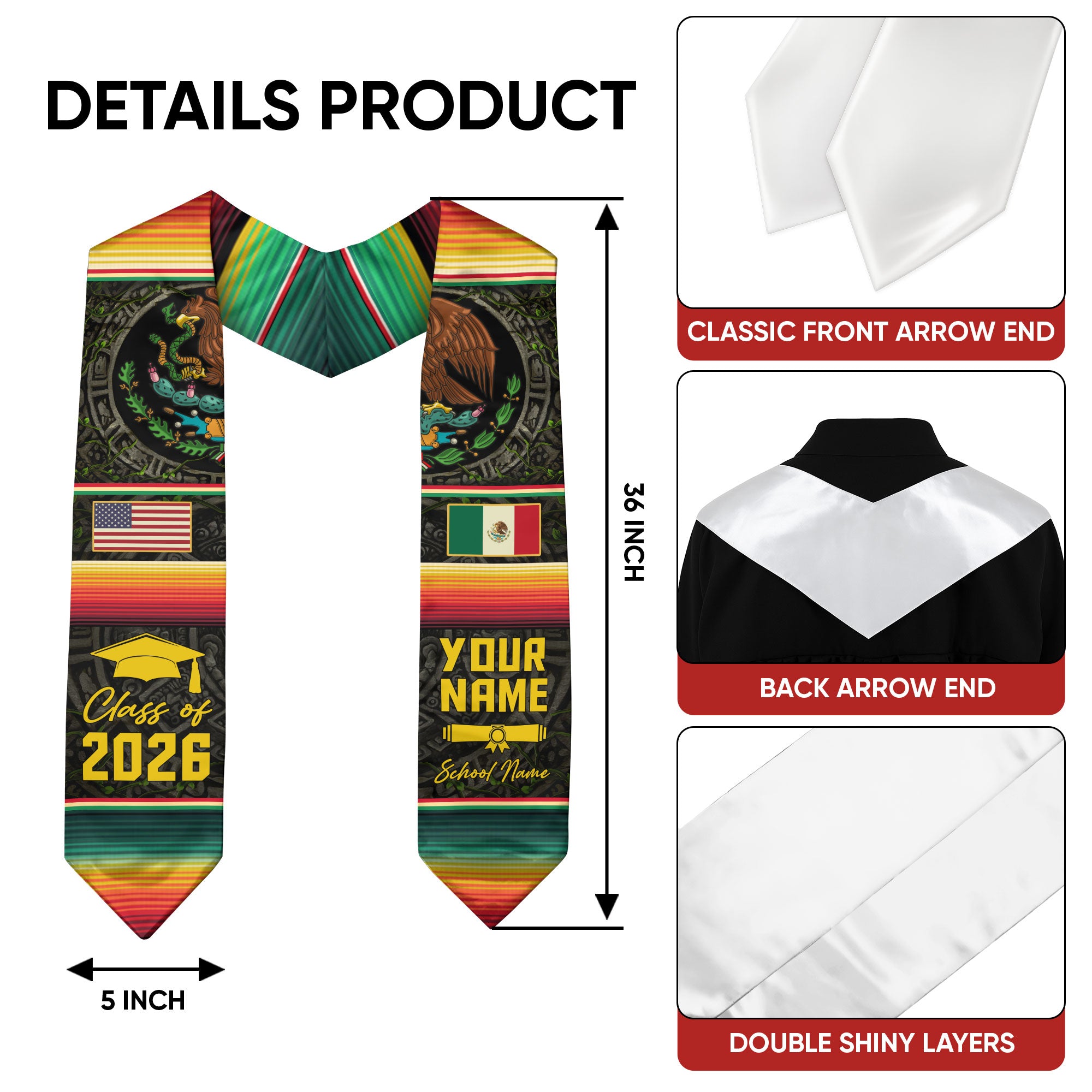 Mexico Graduation Stole 2026, Mexican Flag Graduation Sash, Add Details Option for Grads