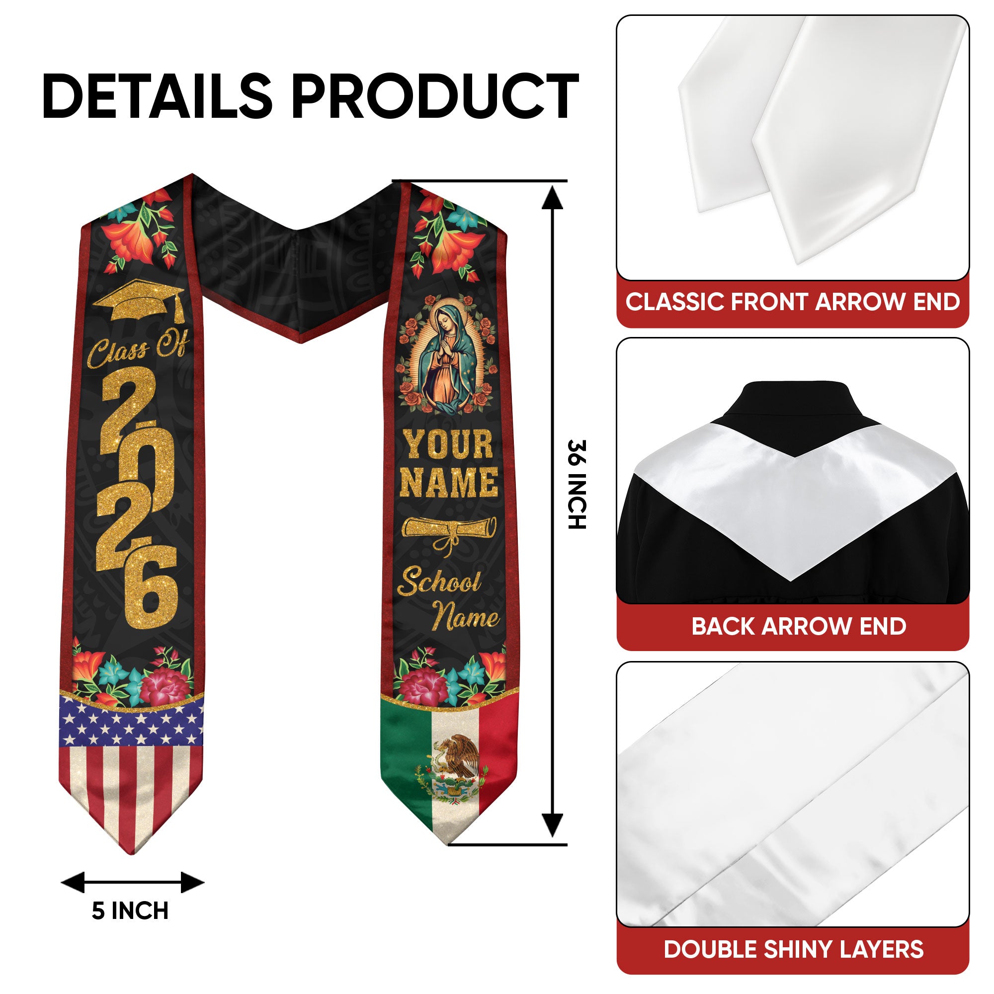 2026 Mexico Graduation Sash, Mexican Flag Stole for Graduates, Personal Detail Option