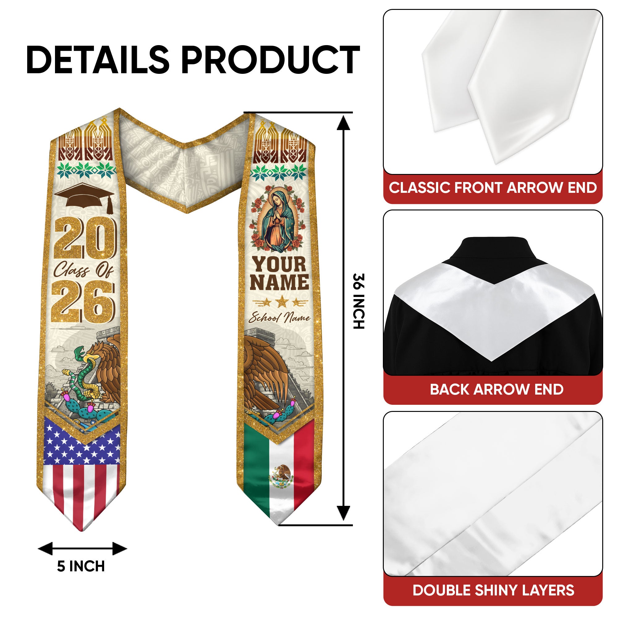 Mexican Flag Graduation Stole 2026, Mexico Sash for Grads, Personalized Detail Option
