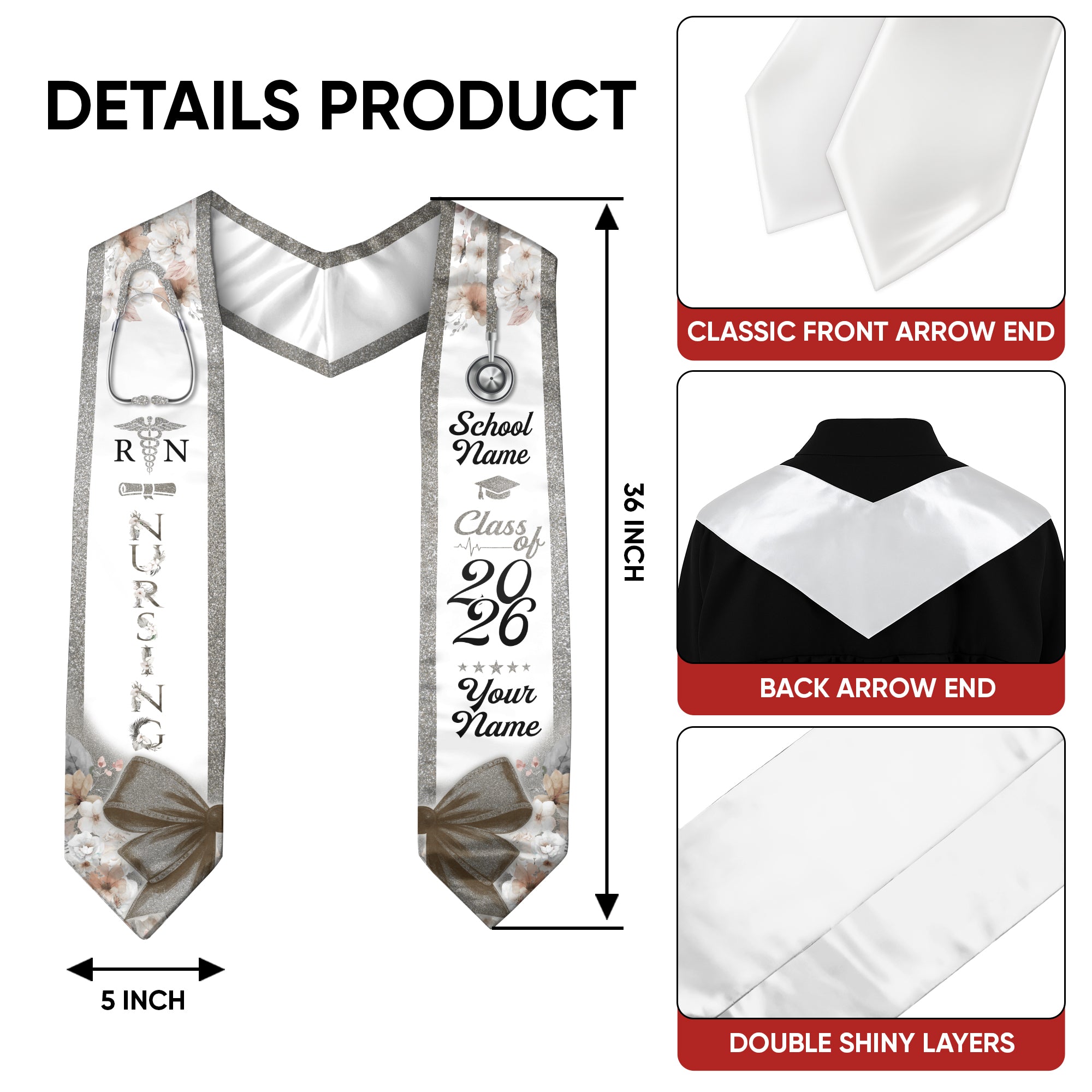 Customized Nursing Graduation Sash for RN and BSN Graduates, Ceremony Stole Class of 2026