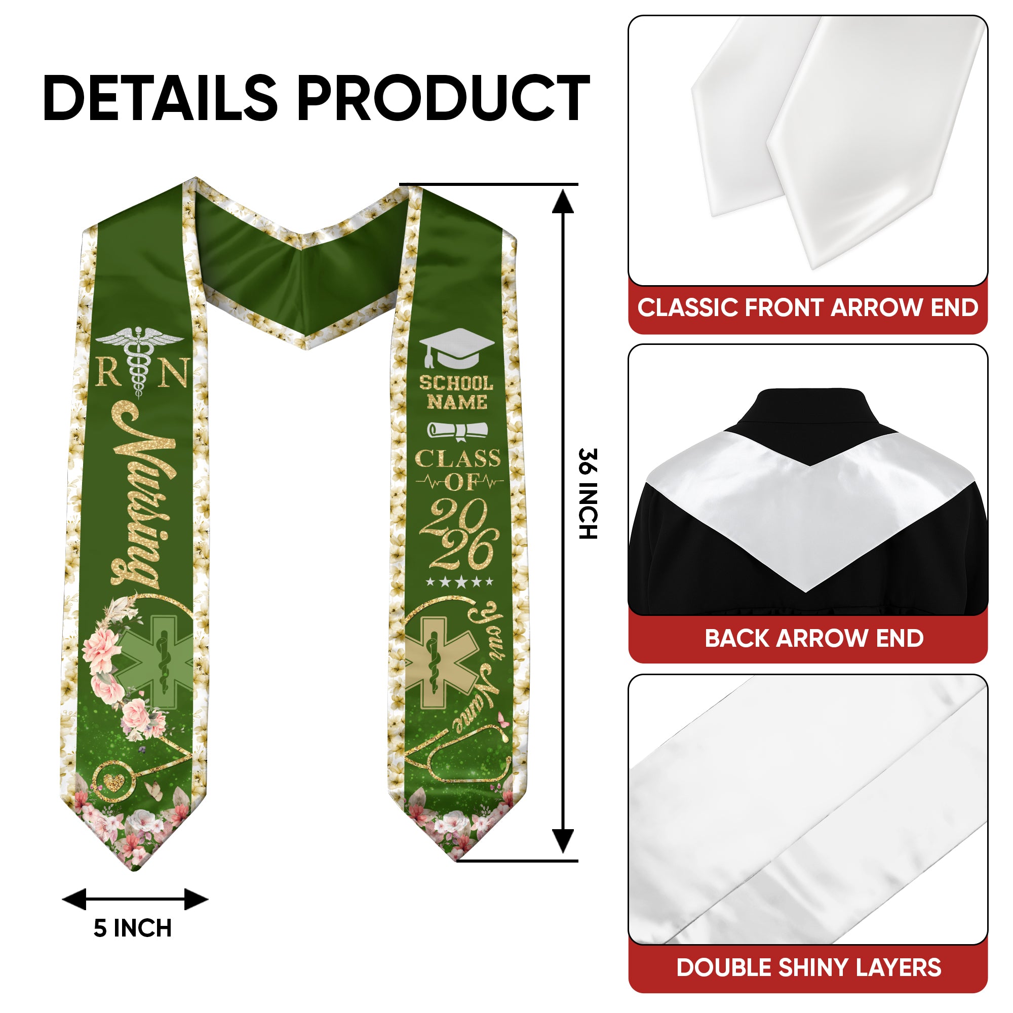 Customized Nursing Graduation Stole for Healthcare Graduates, RN Ceremony Sash Class of 2026