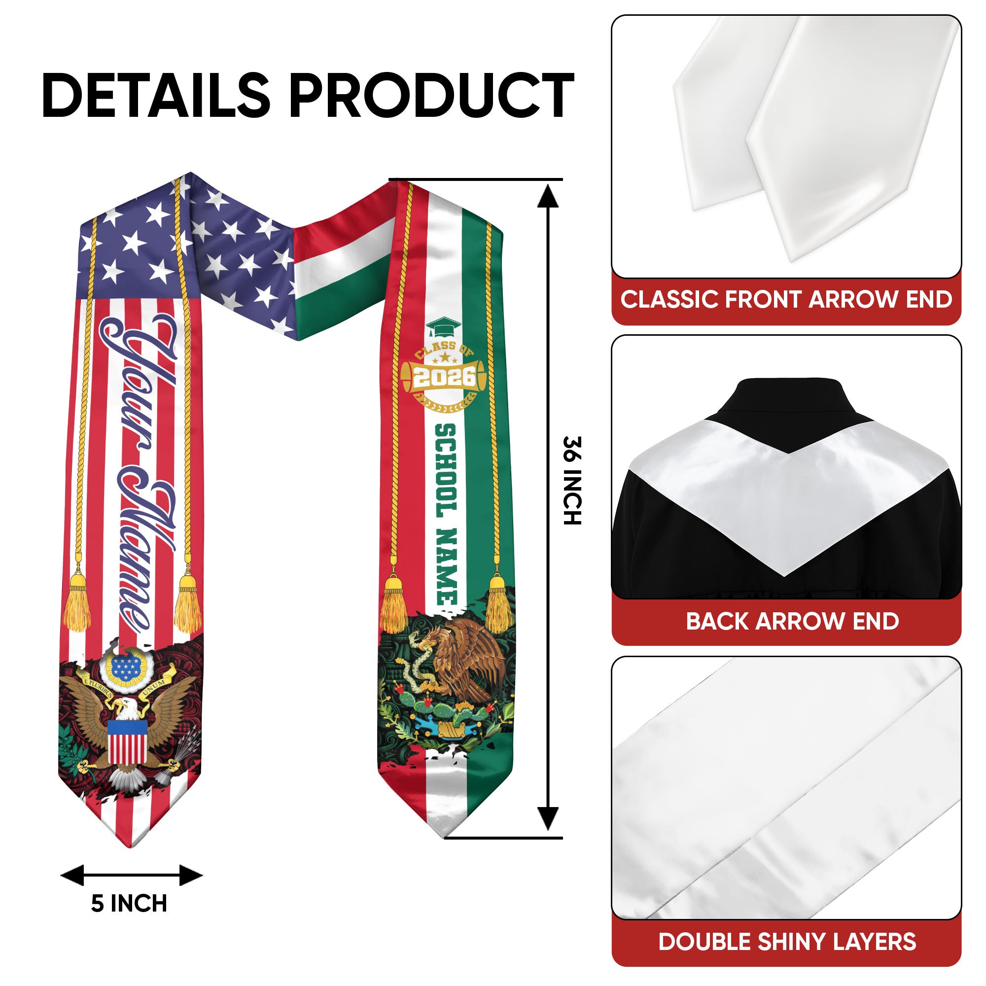 Mexican Graduation Sash 2026, Mexico Graduation Stole, Mexican American Flag Grad Stole