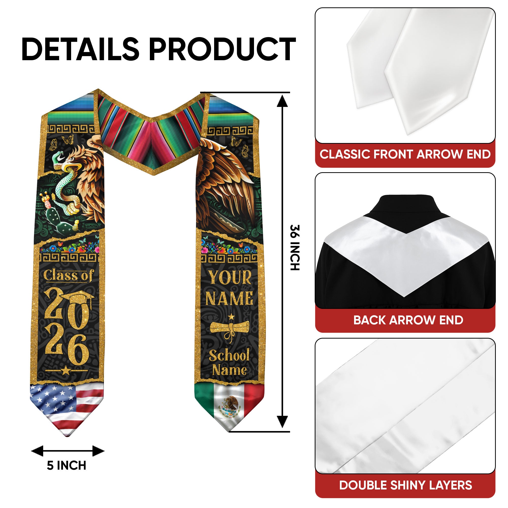 Mexican American Flag Graduation Stole 2026, Mexico Stole, Mexican Graduation Sash