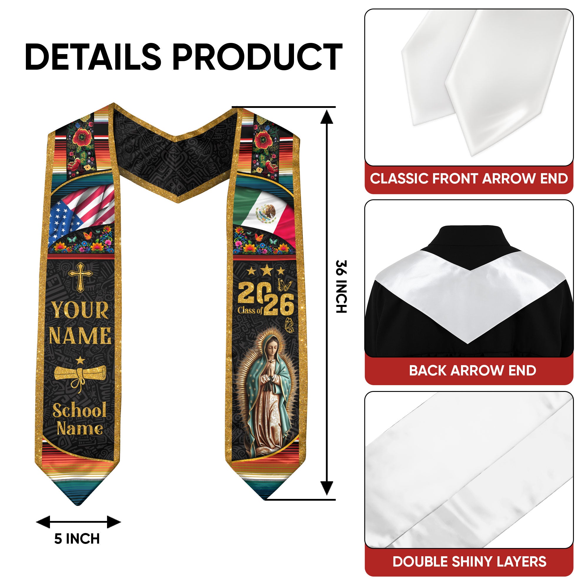 2026 Mexican Graduation Stole, Mexico Flag Stole, Mexican Stole for Graduation