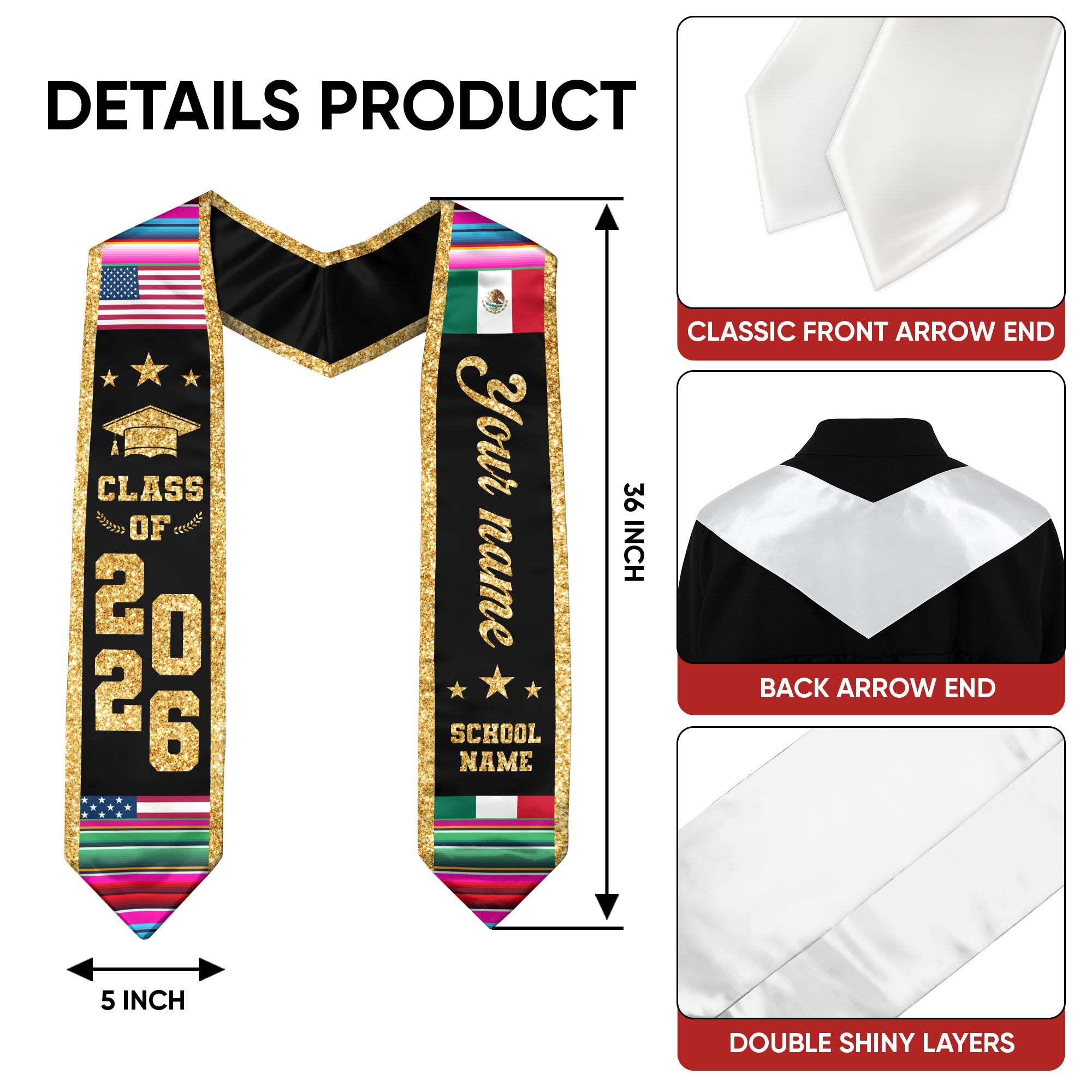 2026 Mexico Stole for Graduation, Mexican Flag Sash, Optional Personal Detail for Grads