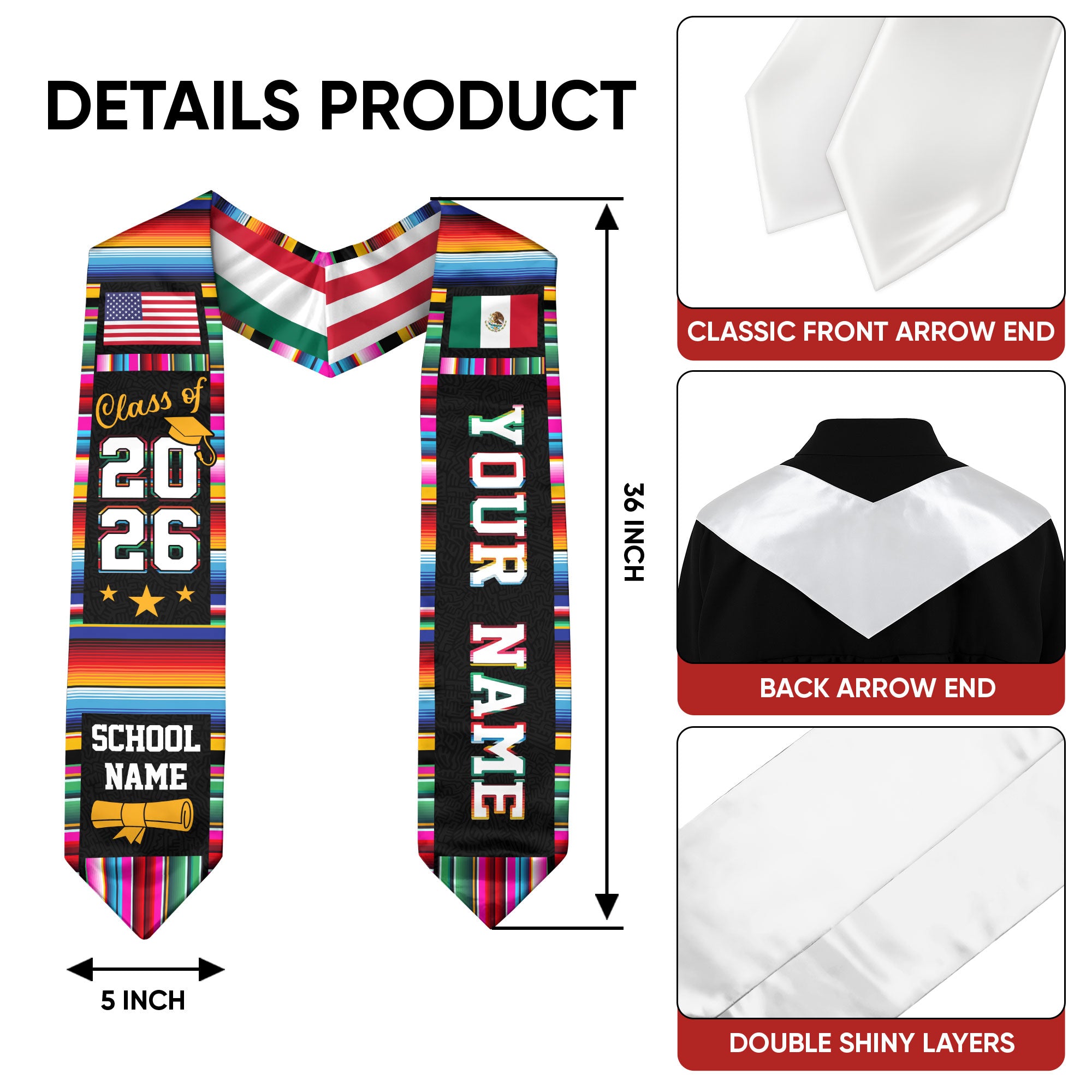 Mexico Flag Graduation Sash 2026, Mexican Stole for Graduates, Personal Detail Available