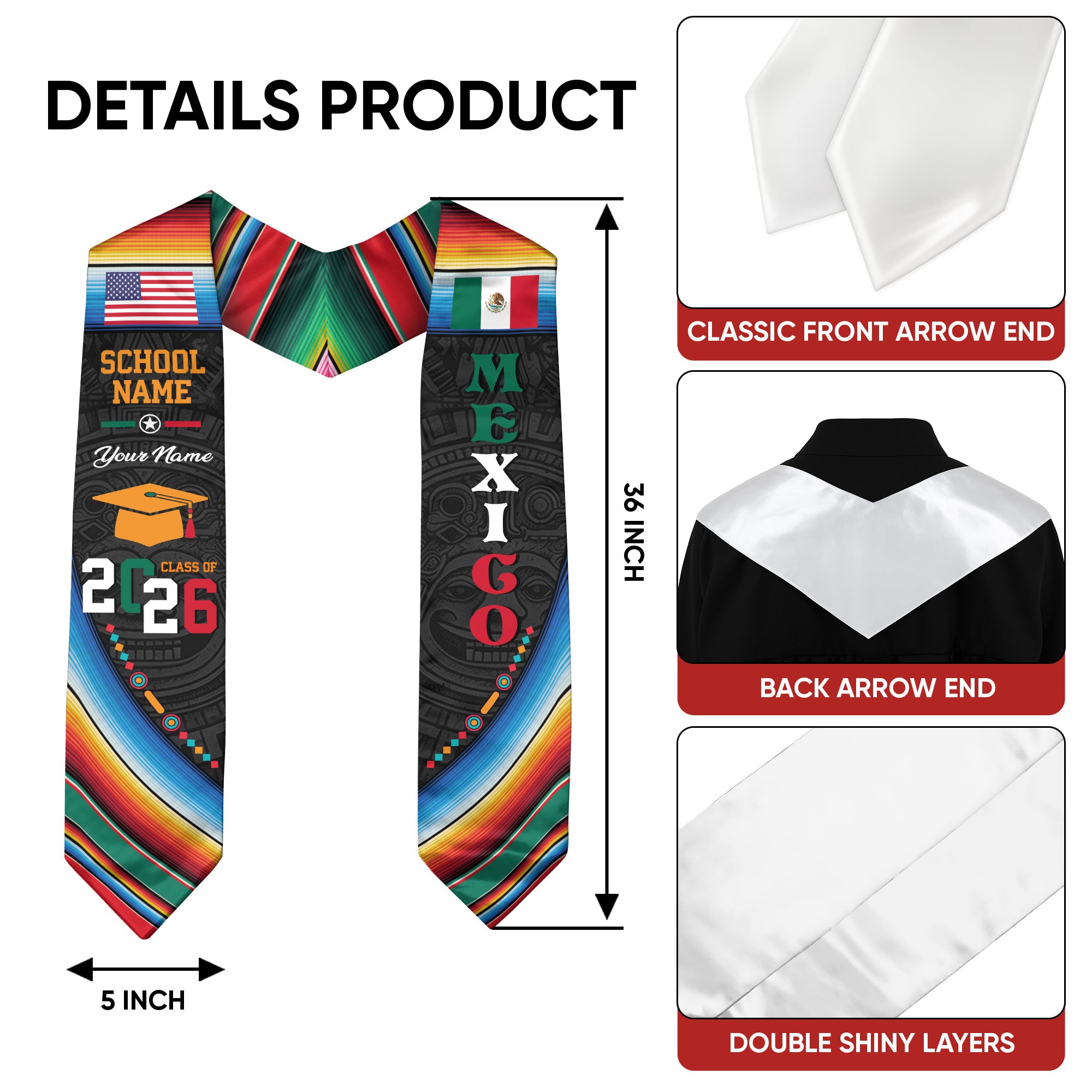 Mexico Graduation Sash 2026, Mexico Flag Stole for Grads, Optional Personal Detail Touch