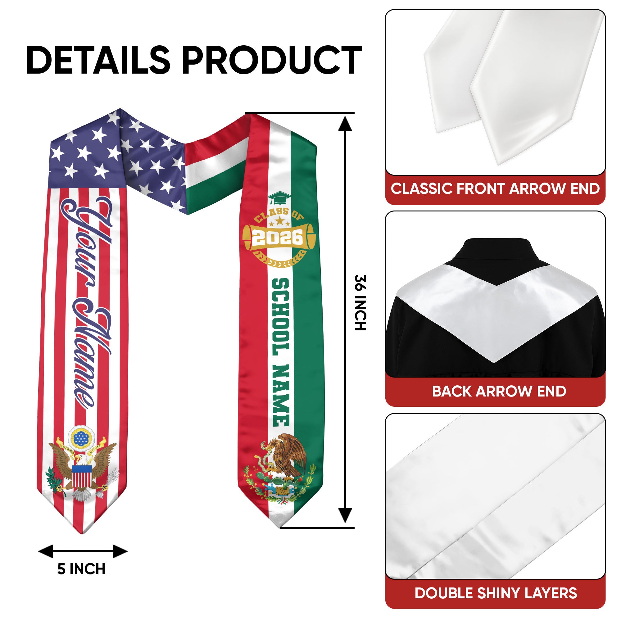 2026 Mexico Graduation Stole, Mexican Flag Sash, Personal Detail Option for Graduation Day