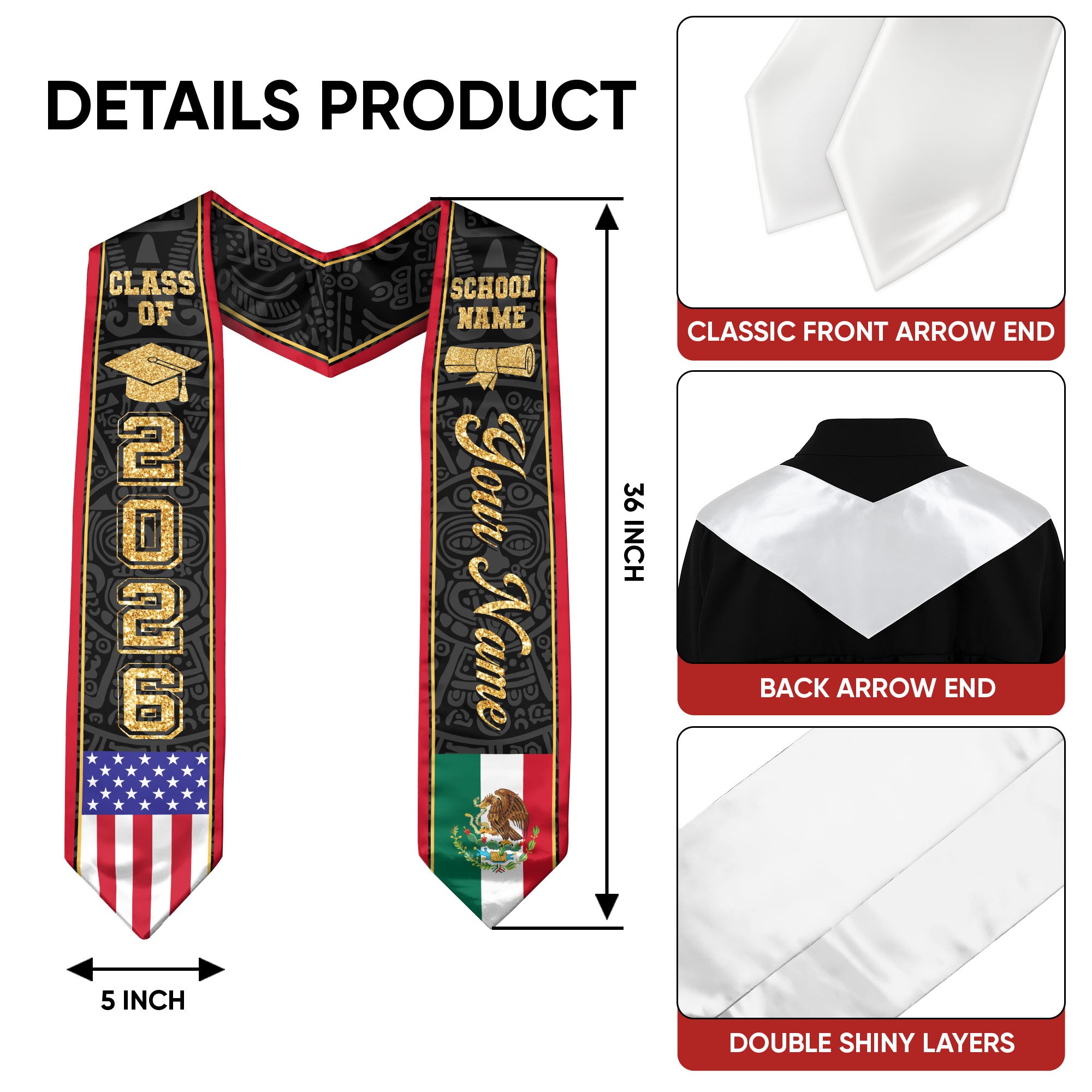 2026 Mexican Graduation Sash, Mexico Flag Stole, Personal Detail Option for Class of 2026