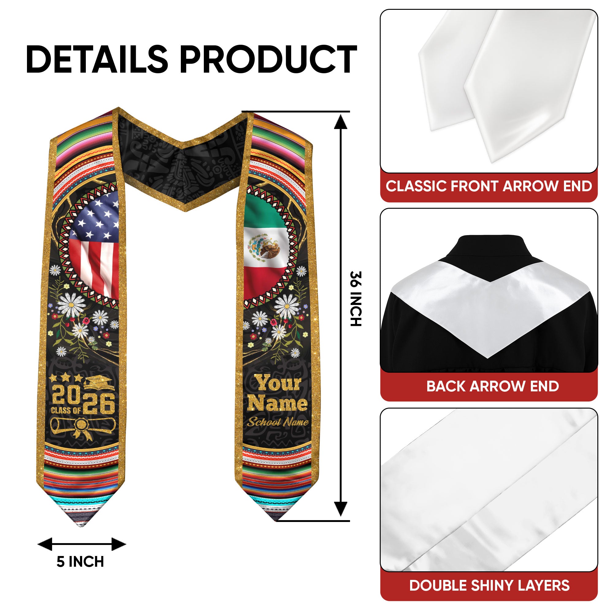 Customized Mexico Graduation Stole with Mexican Flag Heritage Pattern, Graduation Sash for the Class of 2026