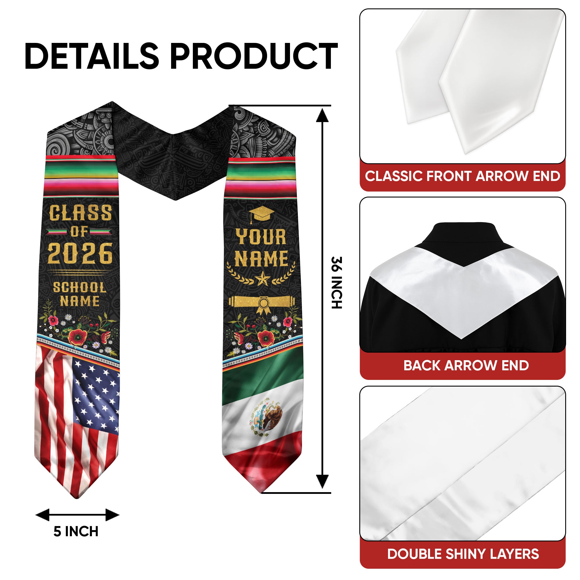 Customized Graduation Stole for Mexico Ceremonies, Mexican Flag Inspired Sash Celebrating Class of 2026