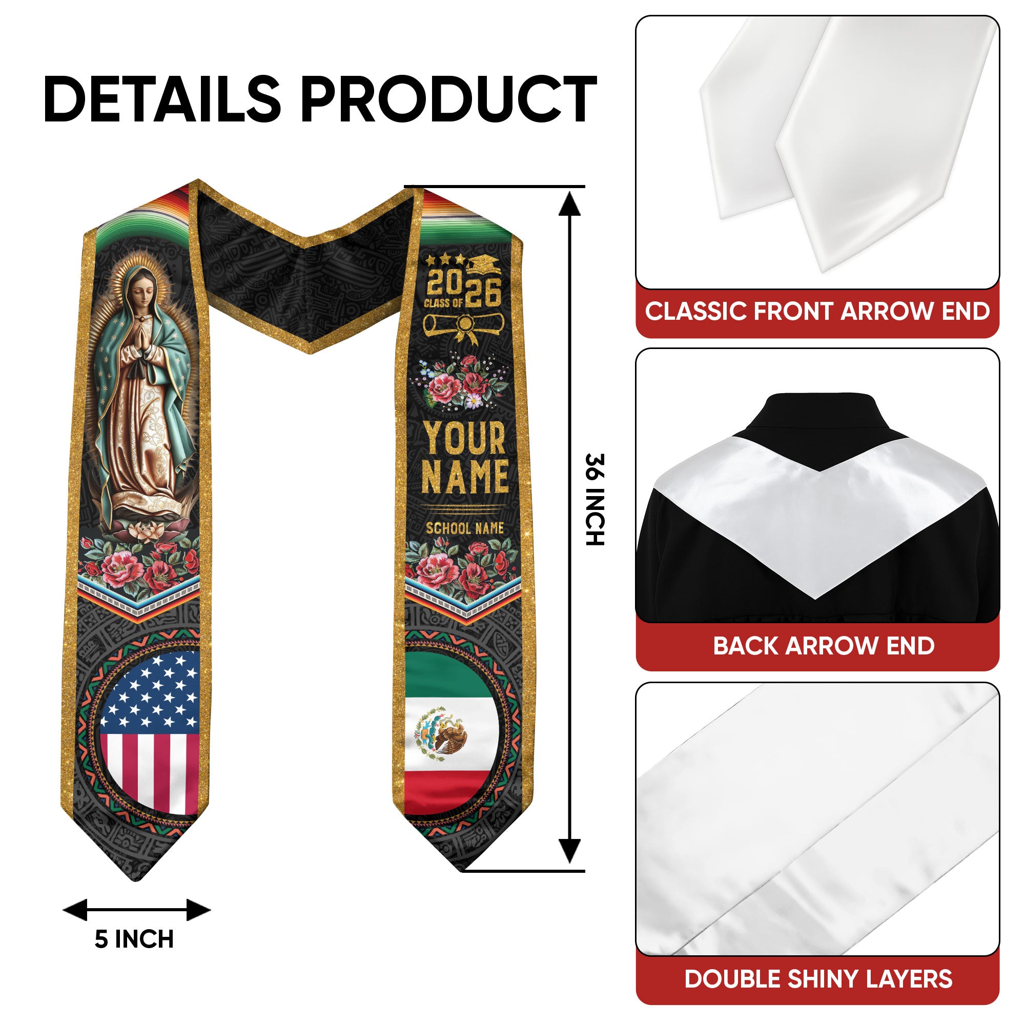 Customized Mexican Graduation Stole Showcasing National Flag Motif, Graduation Sash for Class of 2026