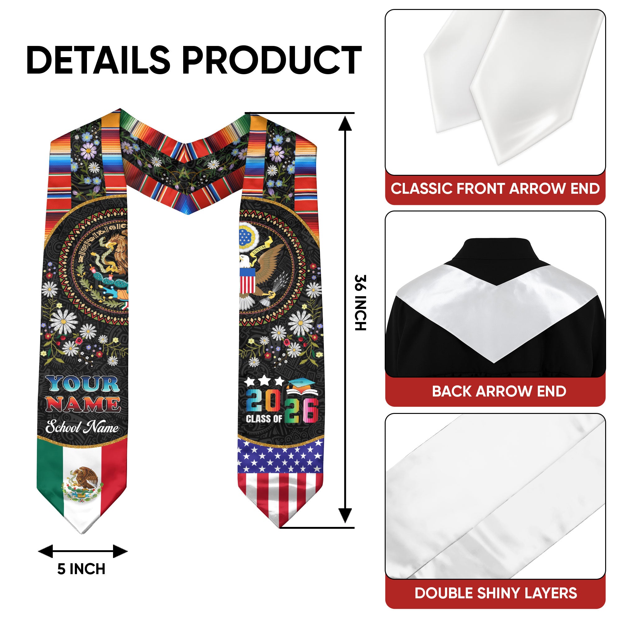 Customized Mexico Graduation Sash Featuring Traditional Flag Colors, Ceremony Stole for Class of 2026