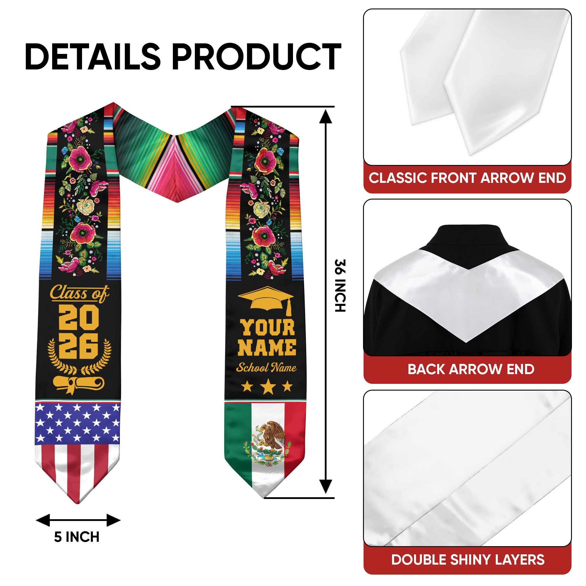 Mexico Flag Graduation Stole 2026, Mexican Graduation Sash, Optional Detail Add-On