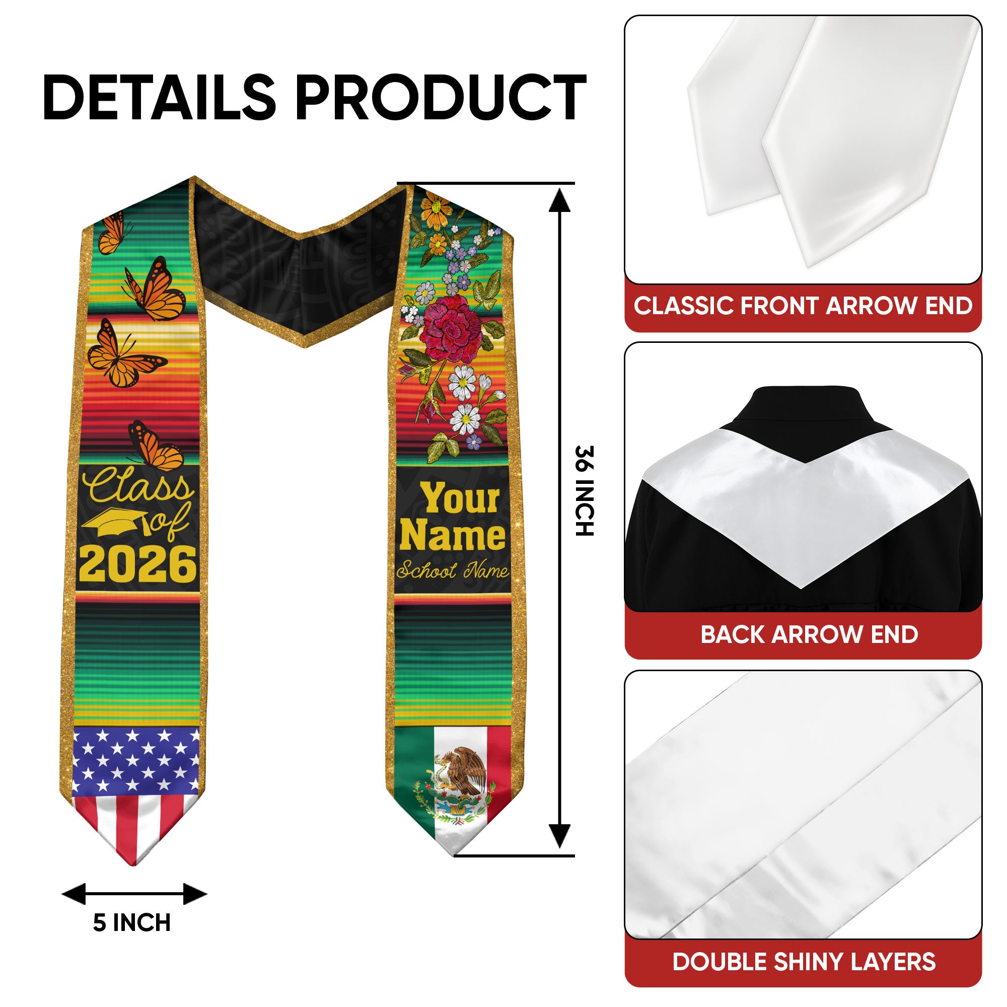 2026 Mexico Flag Stole for Grads, Mexican Graduation Sash, Personal Detail Option Included