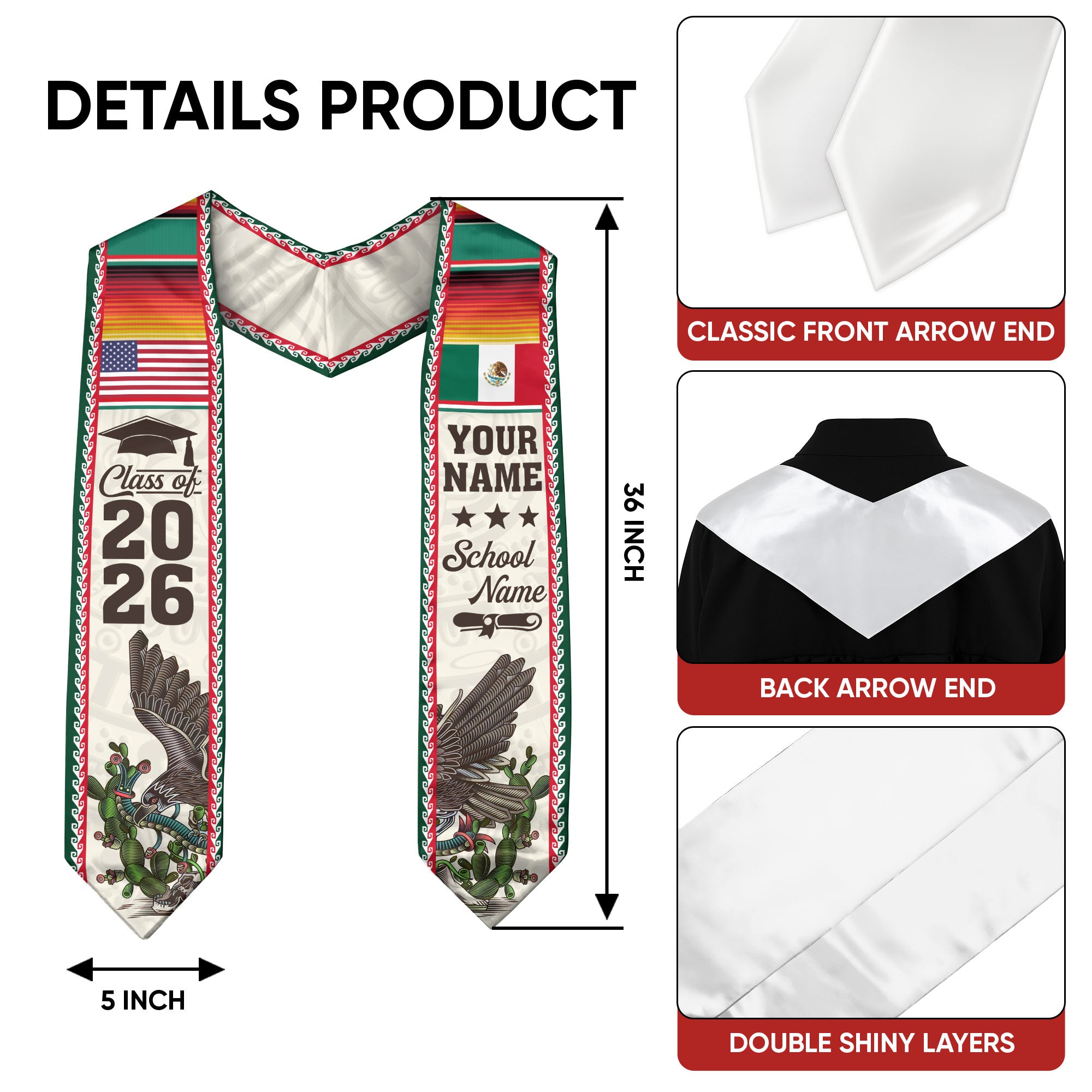 2026 Mexico Graduation Sash, Mexico Flag Stole for Graduation, Detail Option Available