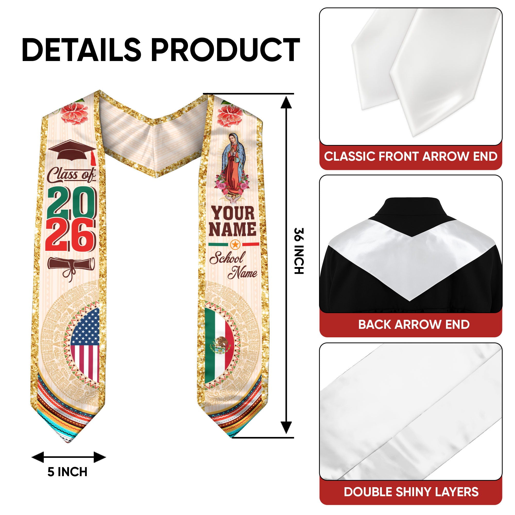 Mexico Flag Graduation Stole 2026, Mexico Sash for Ceremony, Personalized Detail Option