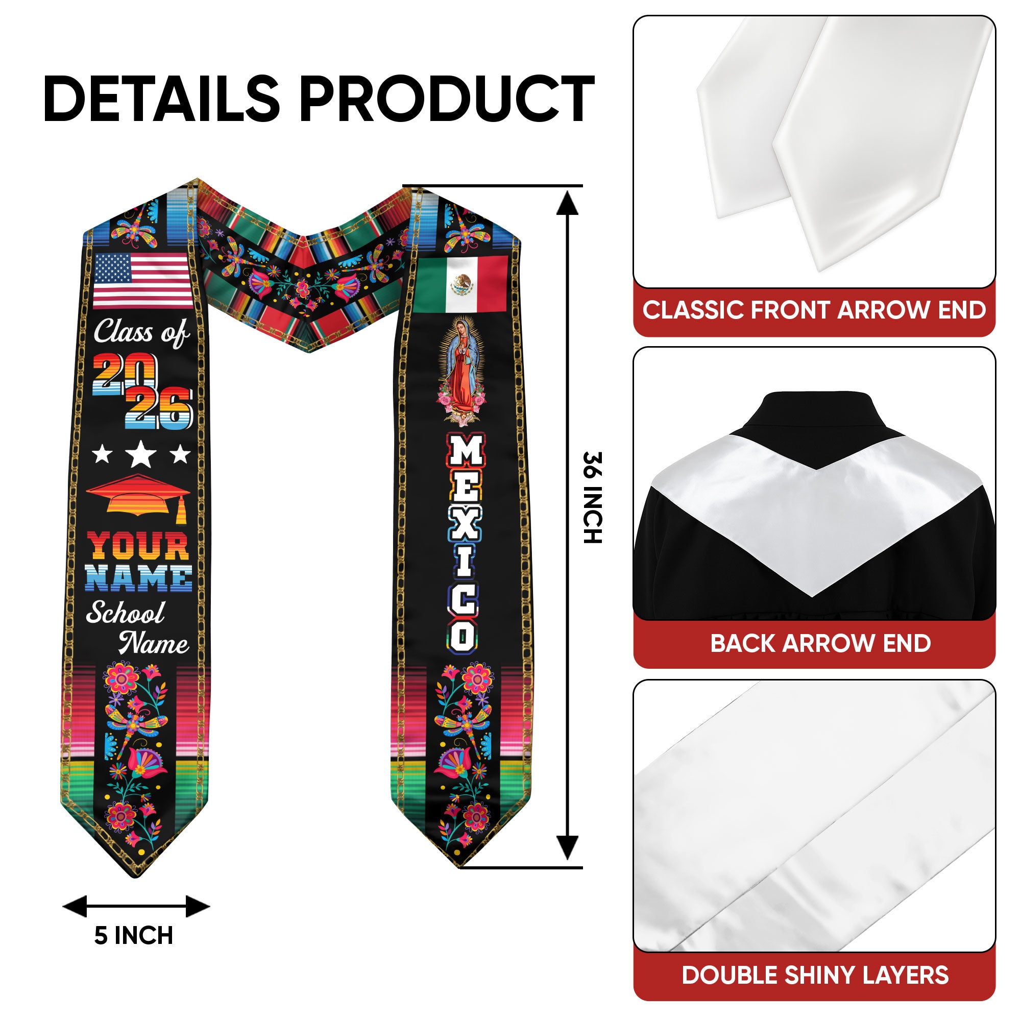 2026 Mexican Flag Graduation Sash, Mexico Graduation Stole, Add Details Option for Photos