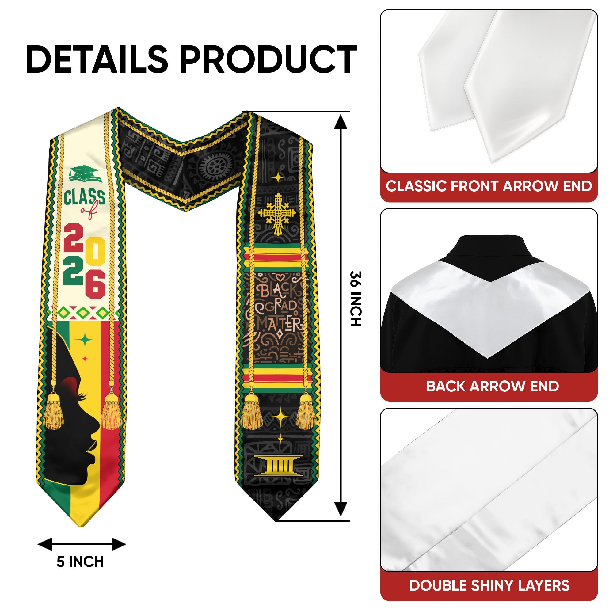 Black Grads Matter Graduation Stole 2026, Pan-African African Print Graduation Stole