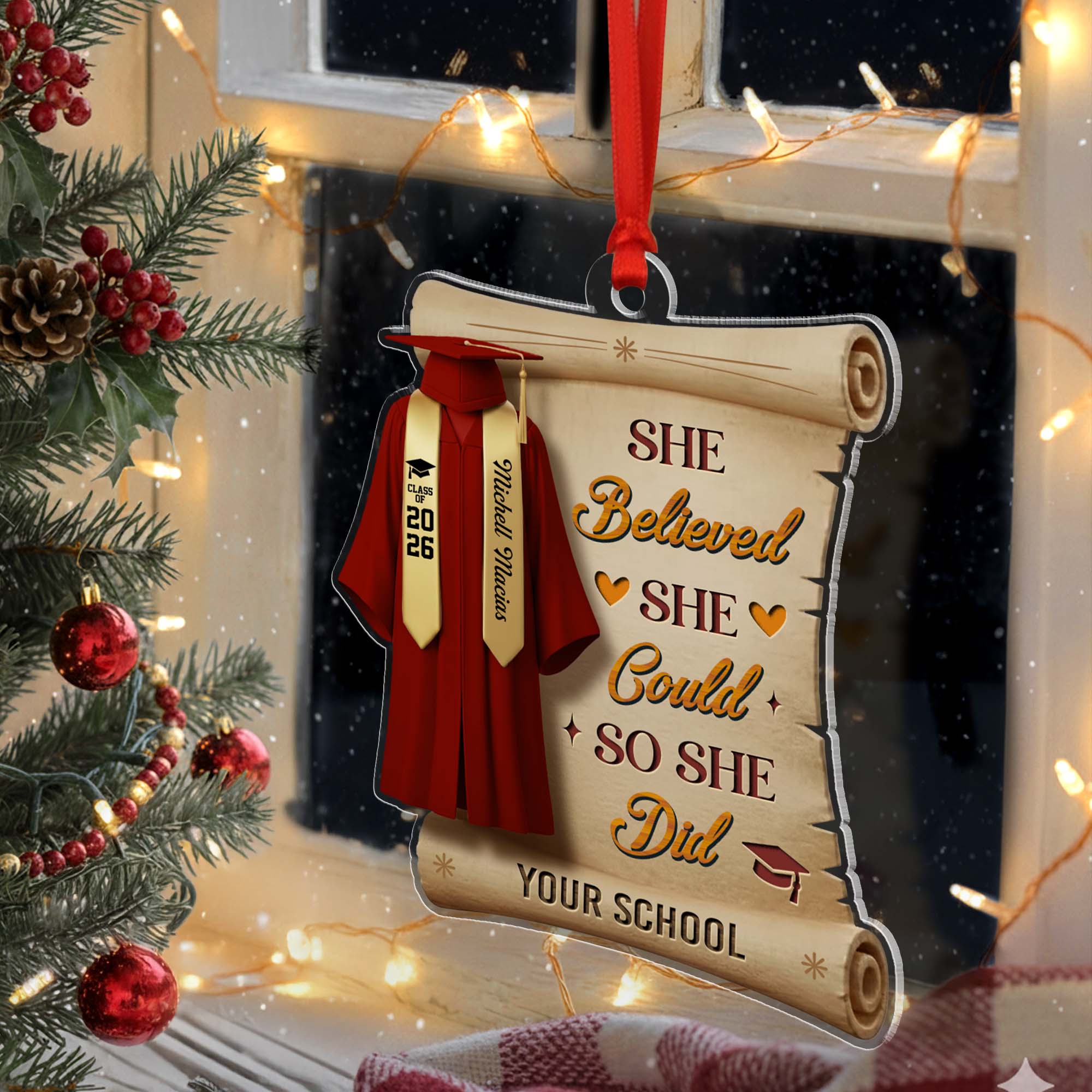 Personalized She Believed She Could So She Did Class Of 2026 Graduation Quote Ornament