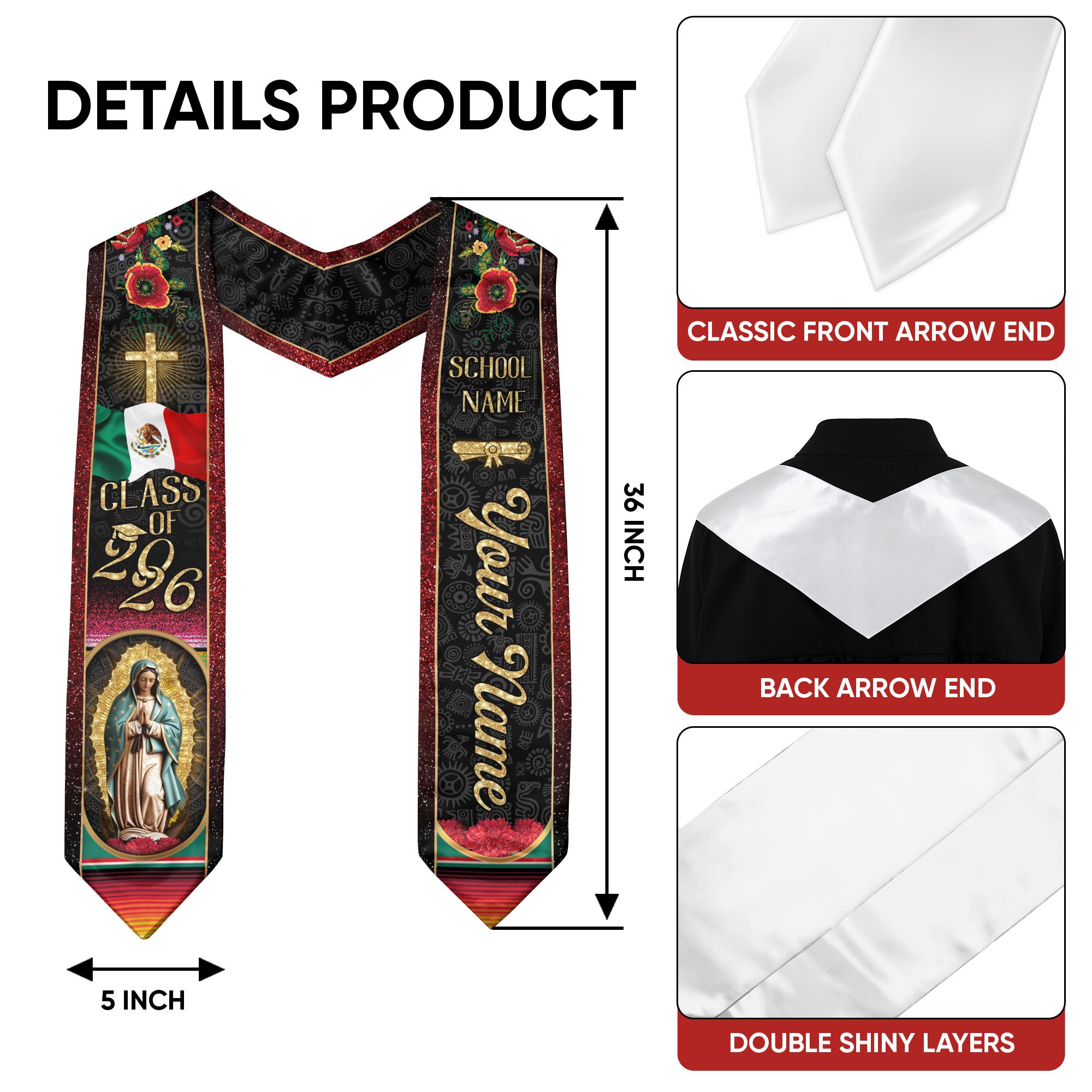 Mexico Graduation Stole 2026, Mexican Flag Sash, Personalized Detail Options, Graduation Stole