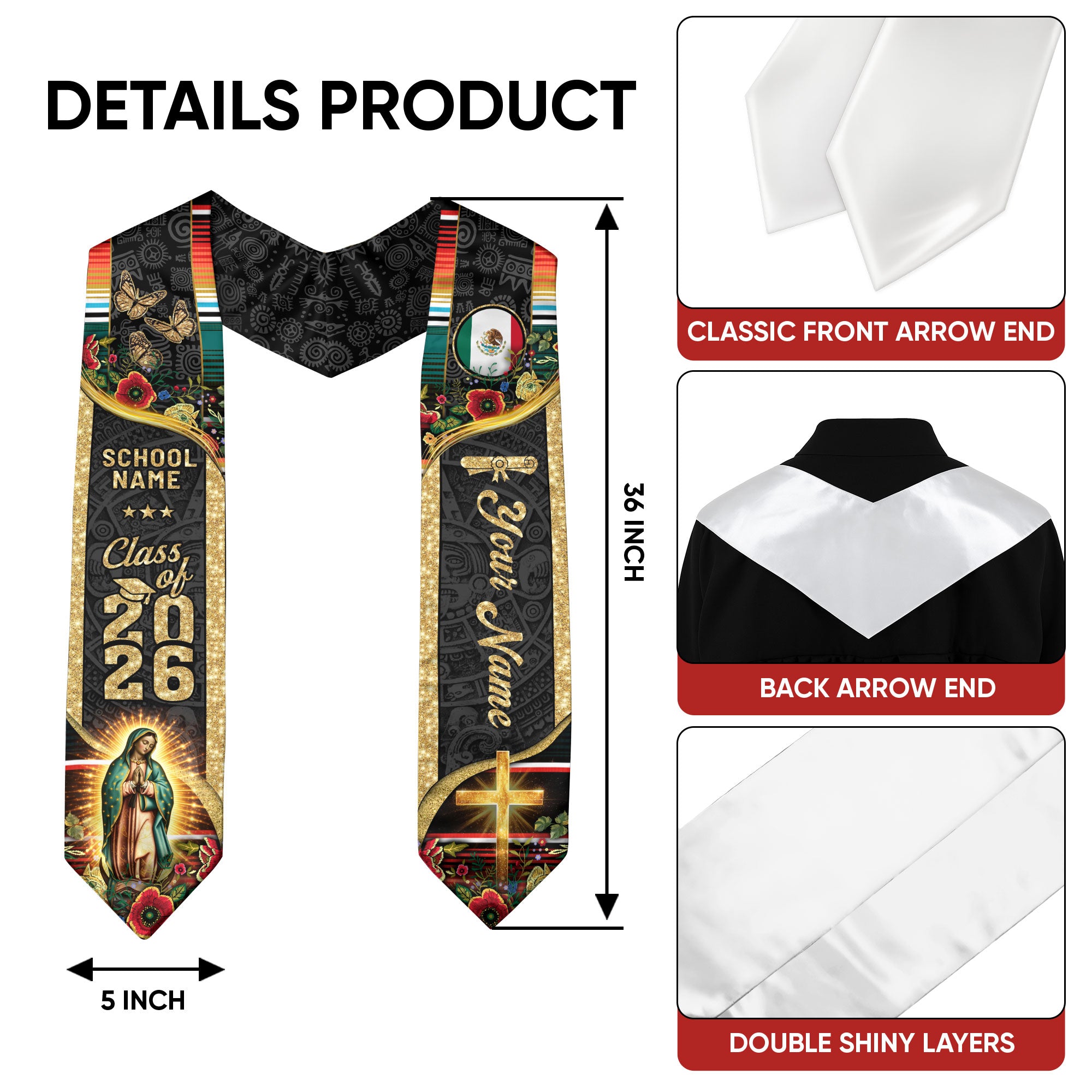 2026 Mexican Flag Graduation Sash, Mexico Stole, Personal Name & Year Detail Option