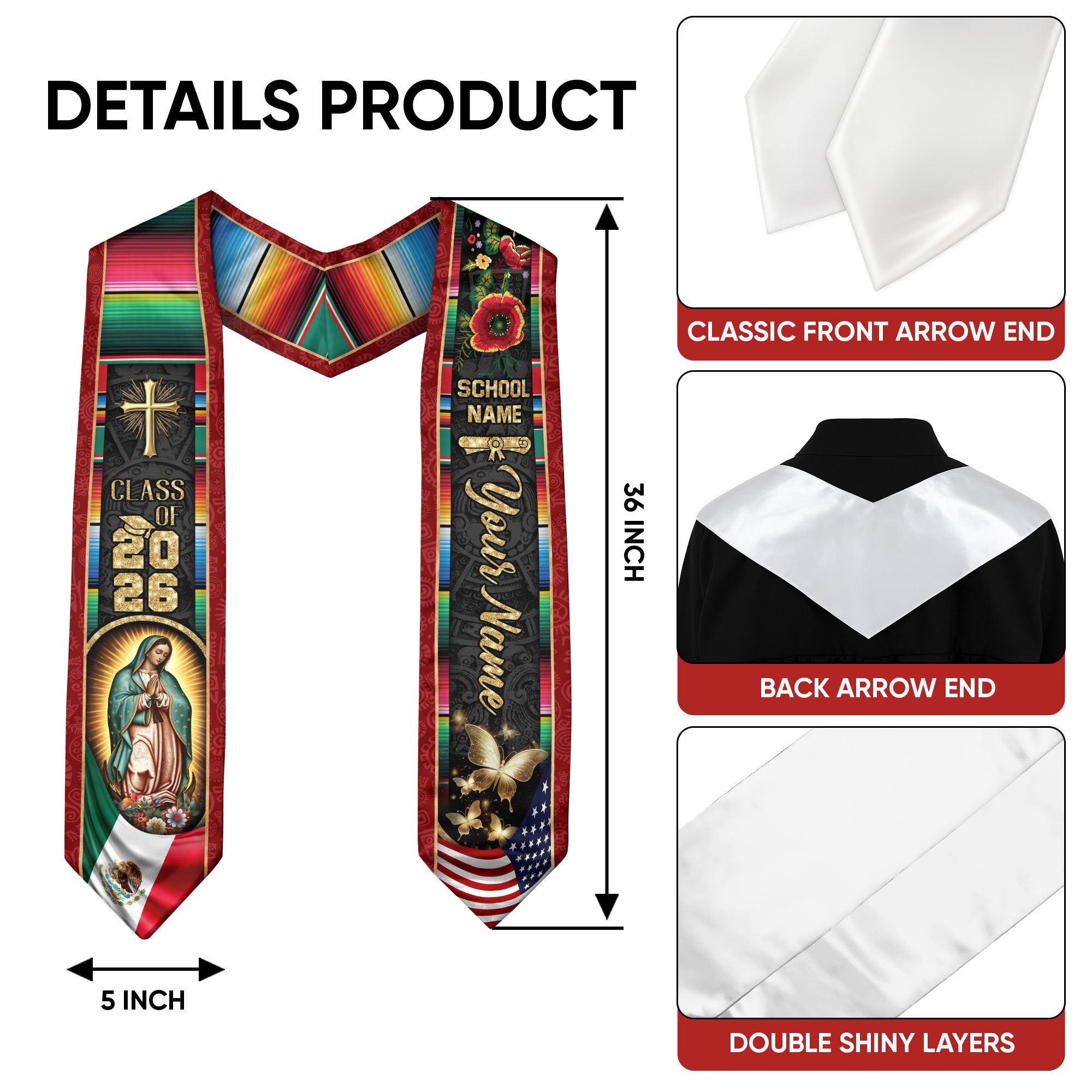 Mexican Graduation Sash 2026, Mexico Flag Stole, Add Name Detail for Ceremony Photos