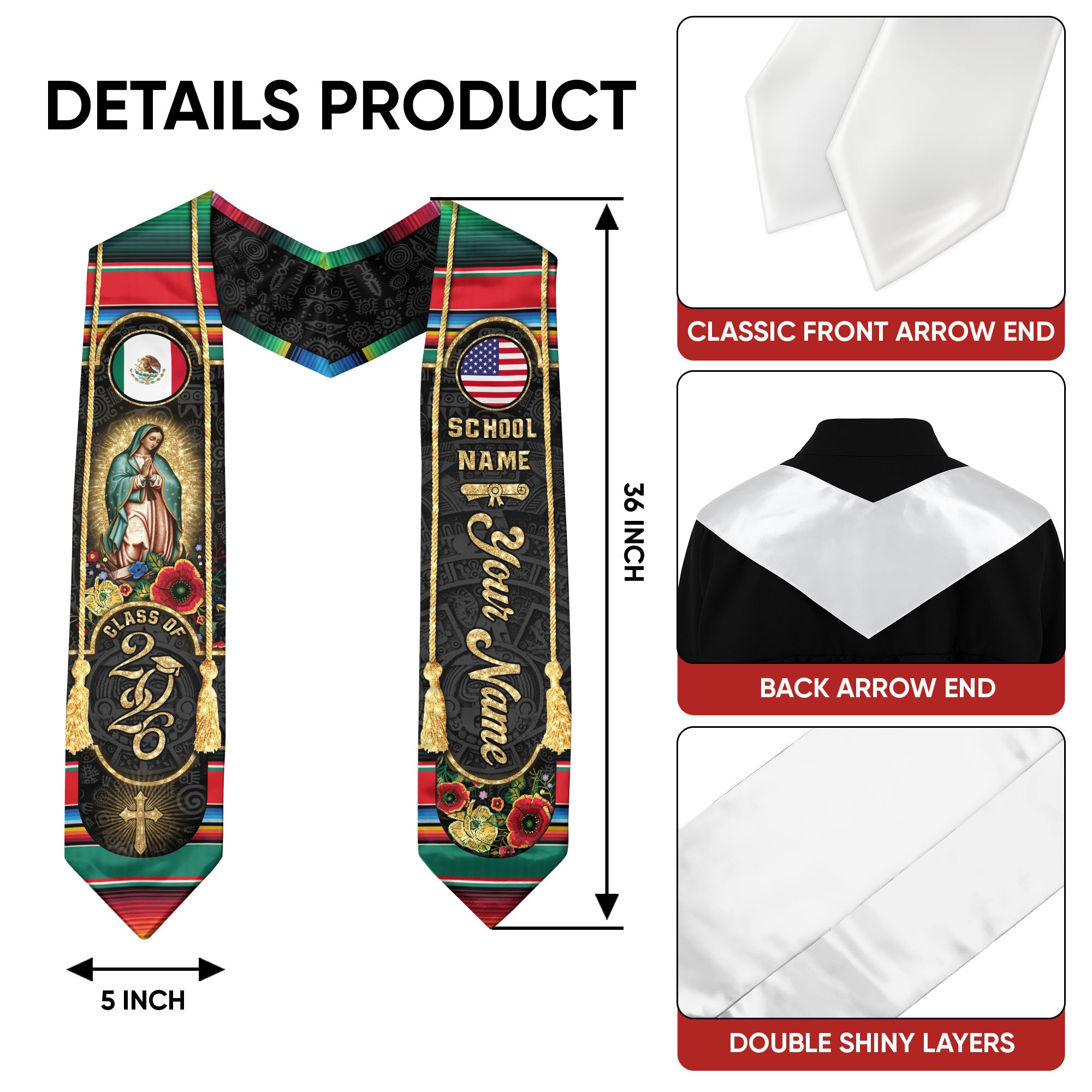 2026 Mexico Flag Graduation Stole, Mexican Sash, Name Detail Option for Class of 2026