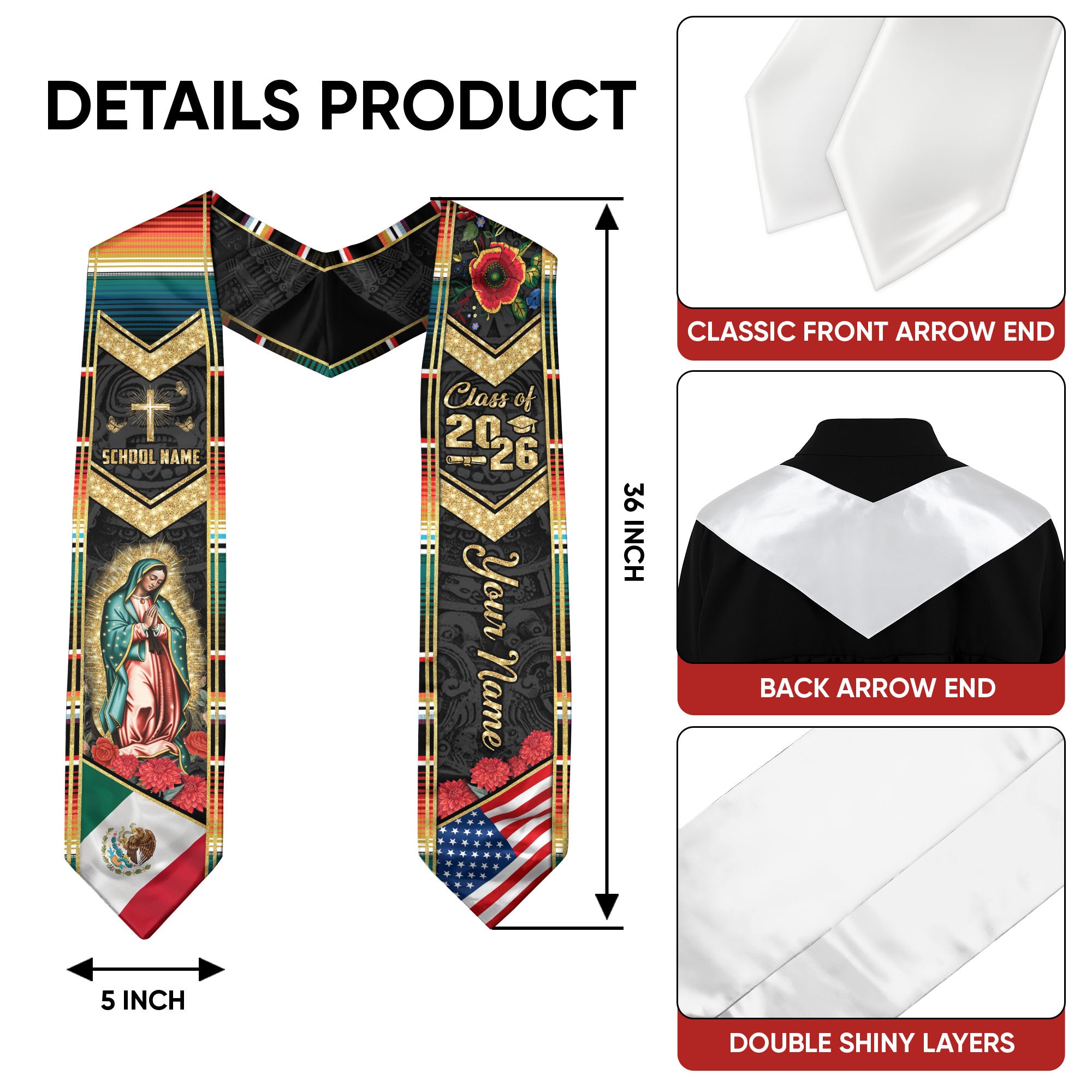 Mexico Flag Graduation Stole 2026, Mexican Graduation Sash, Add Your Name Detail Option