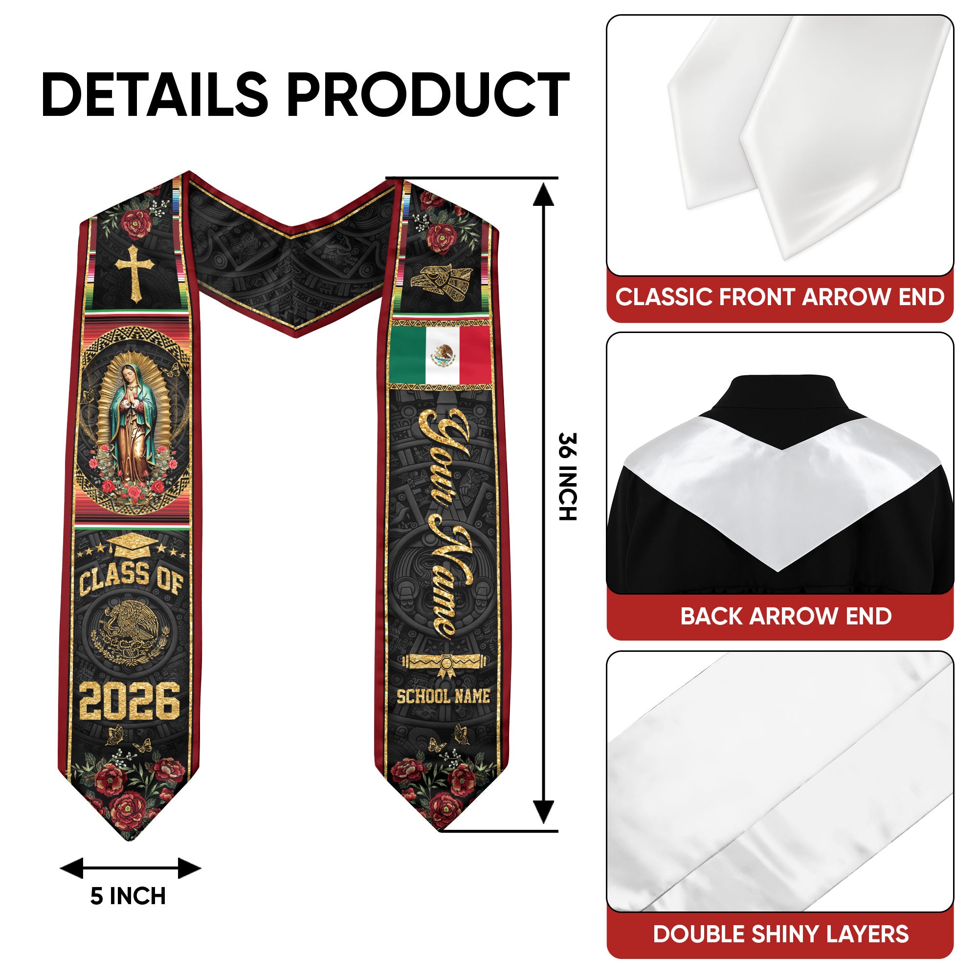 2026 Mexico Graduation Stole, Mexican Flag Graduation Sash, Personal Name Detail Available