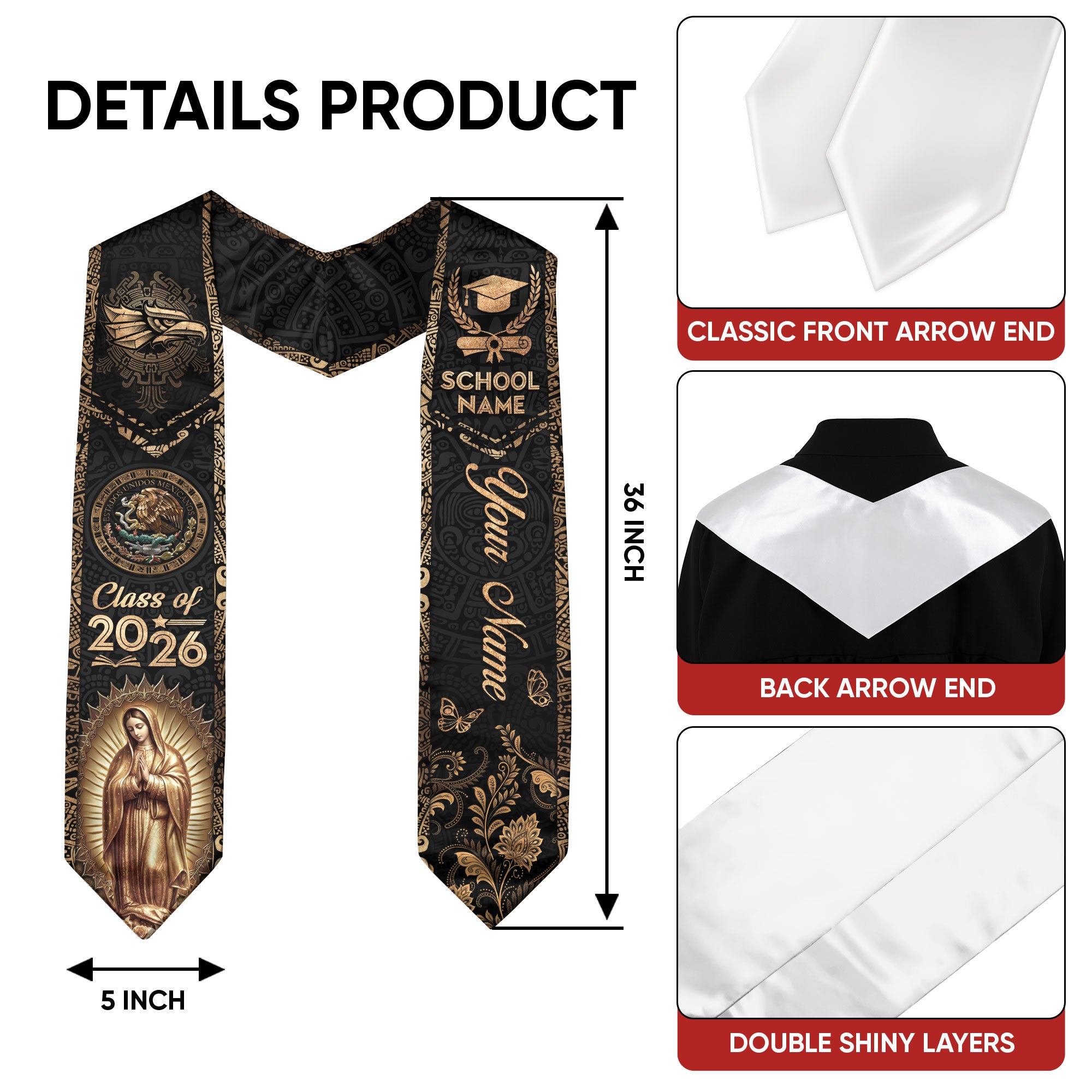 Mexico Flag Graduation Sash 2026, Mexican Stole for Grads, Personal Text Detail Available