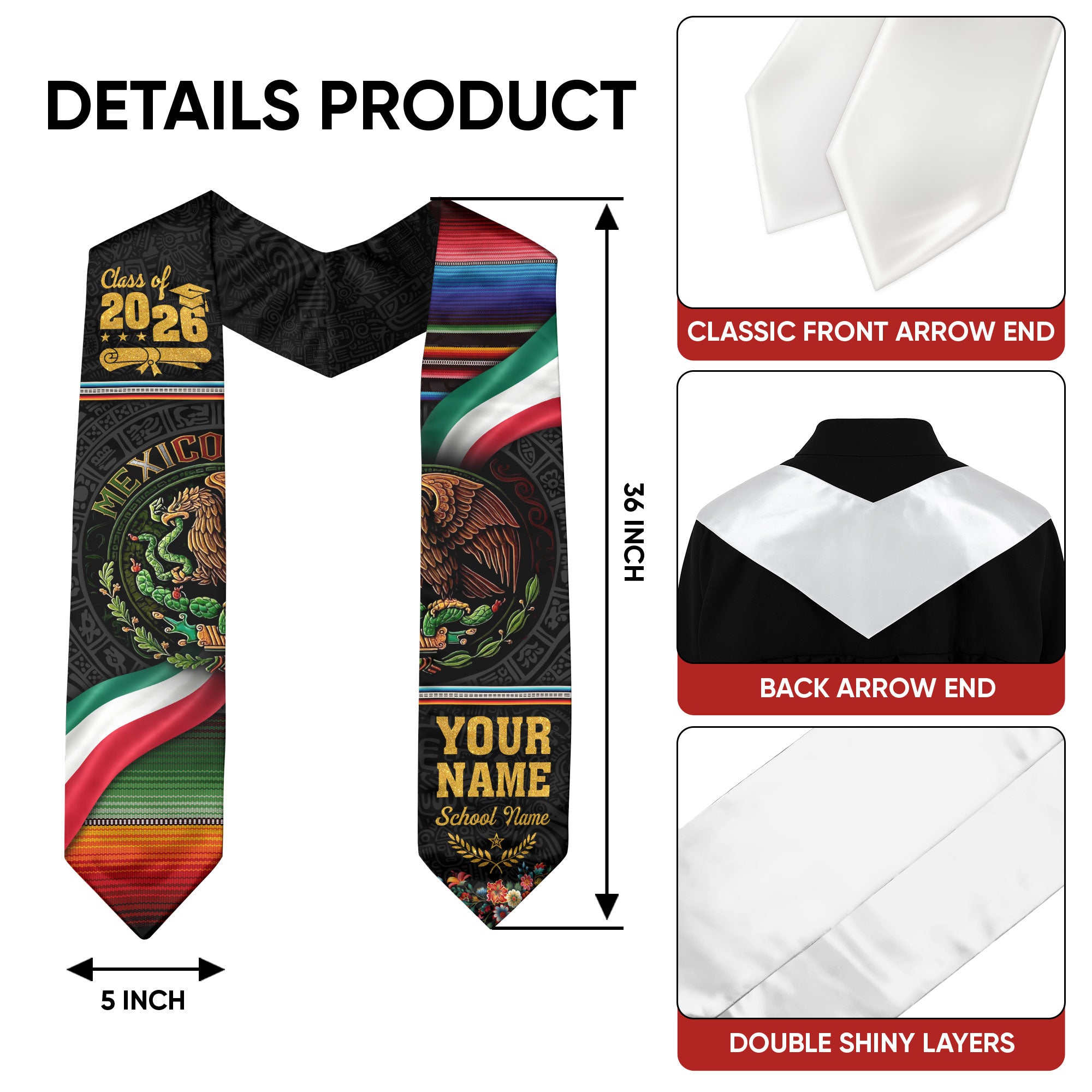 2026 Mexican Graduation Sash, Mexico Flag Stole, Choose Name & Year Detail for Graduates