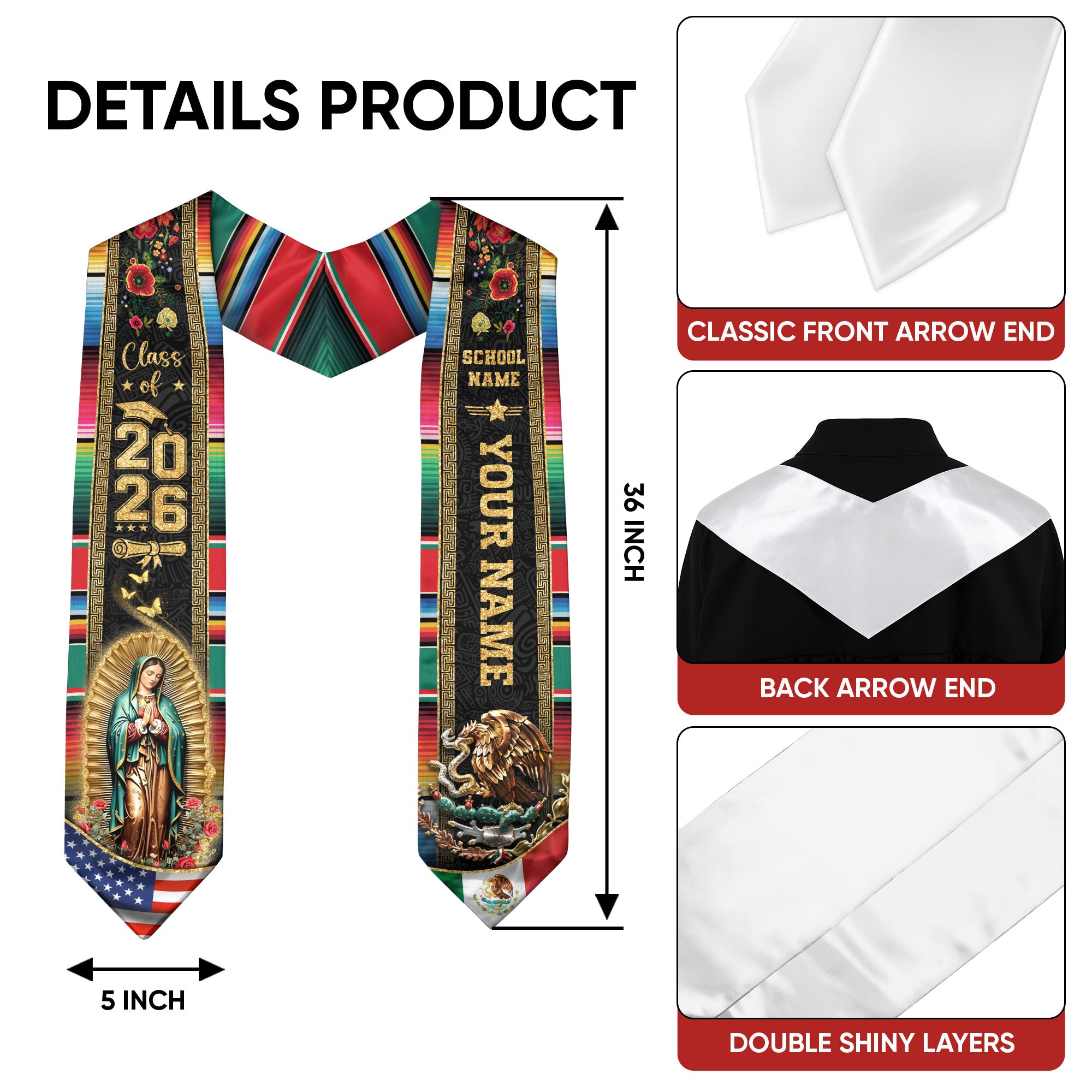 Mexican Flag Graduation Stole 2026, Mexico Sash for Graduation, Personalization Option