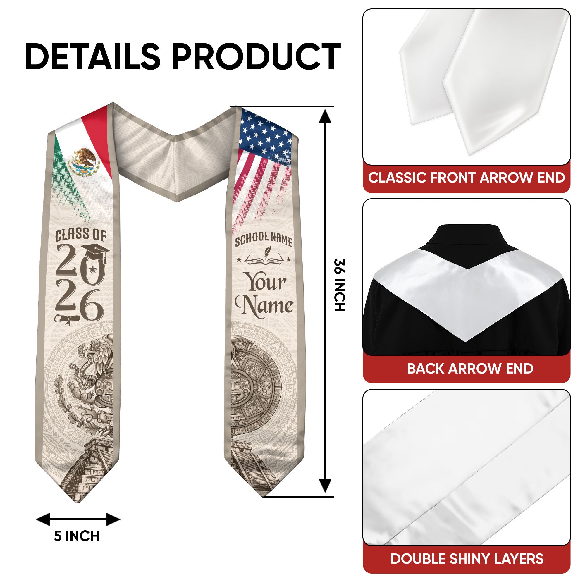 2026 Mexico Flag Sash for Graduation, Mexican Stole for Graduates, Add Name Detail