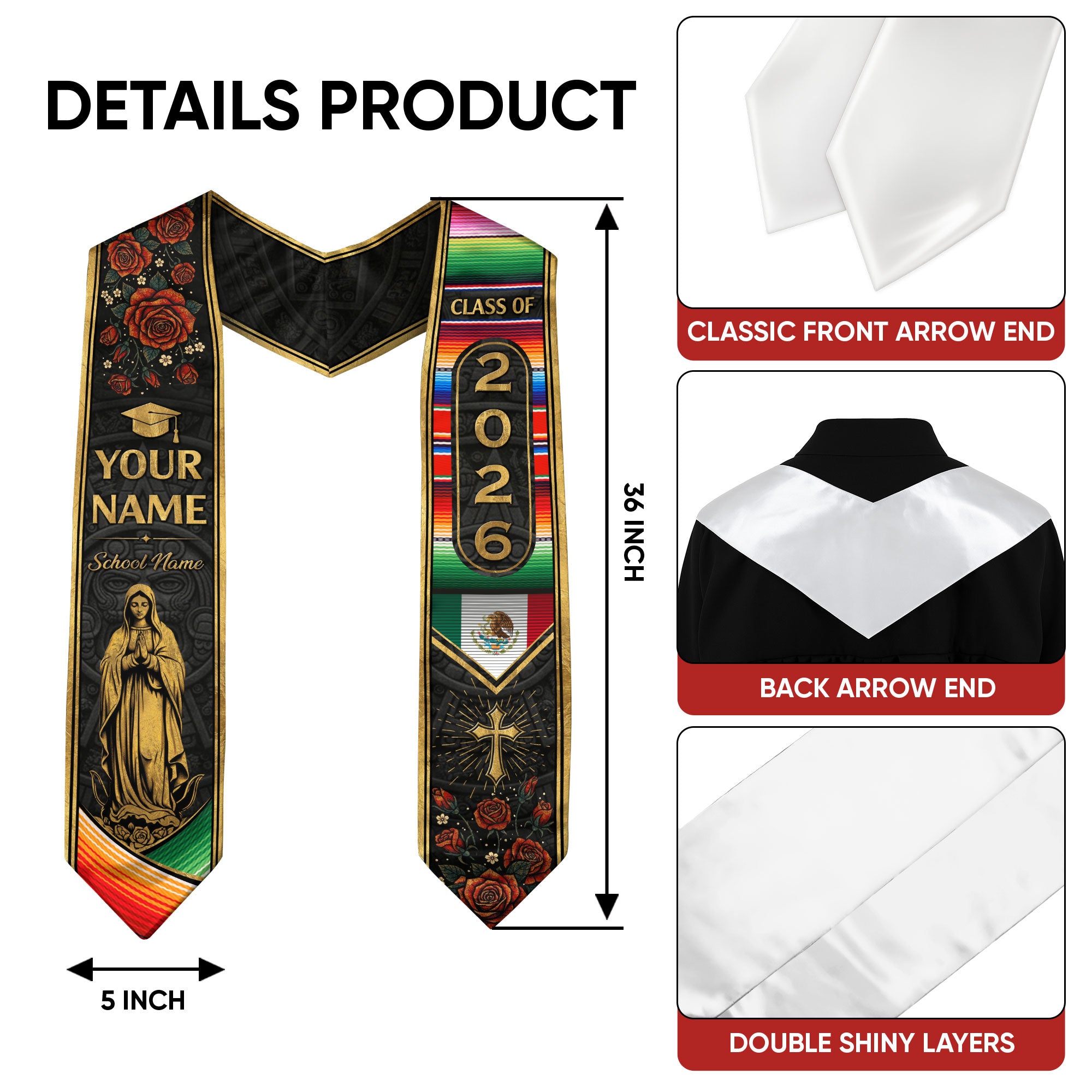 Mexico Graduation Sash 2026, Mexican Flag Stole for Graduates, Personalized Stitch Option