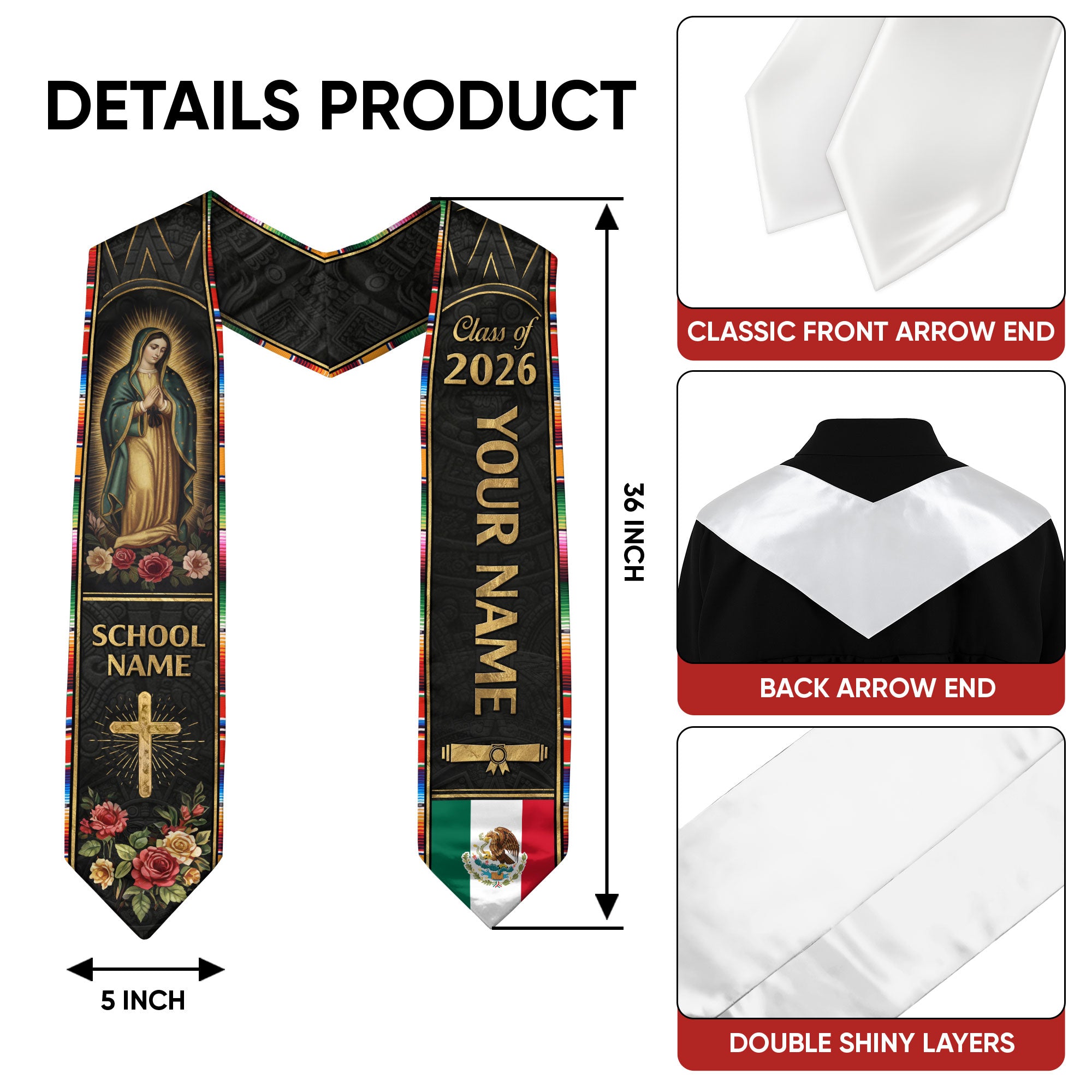 2026 Mexican Flag Stole for Graduation, Mexico Sash, Optional Name & Class Year Detail