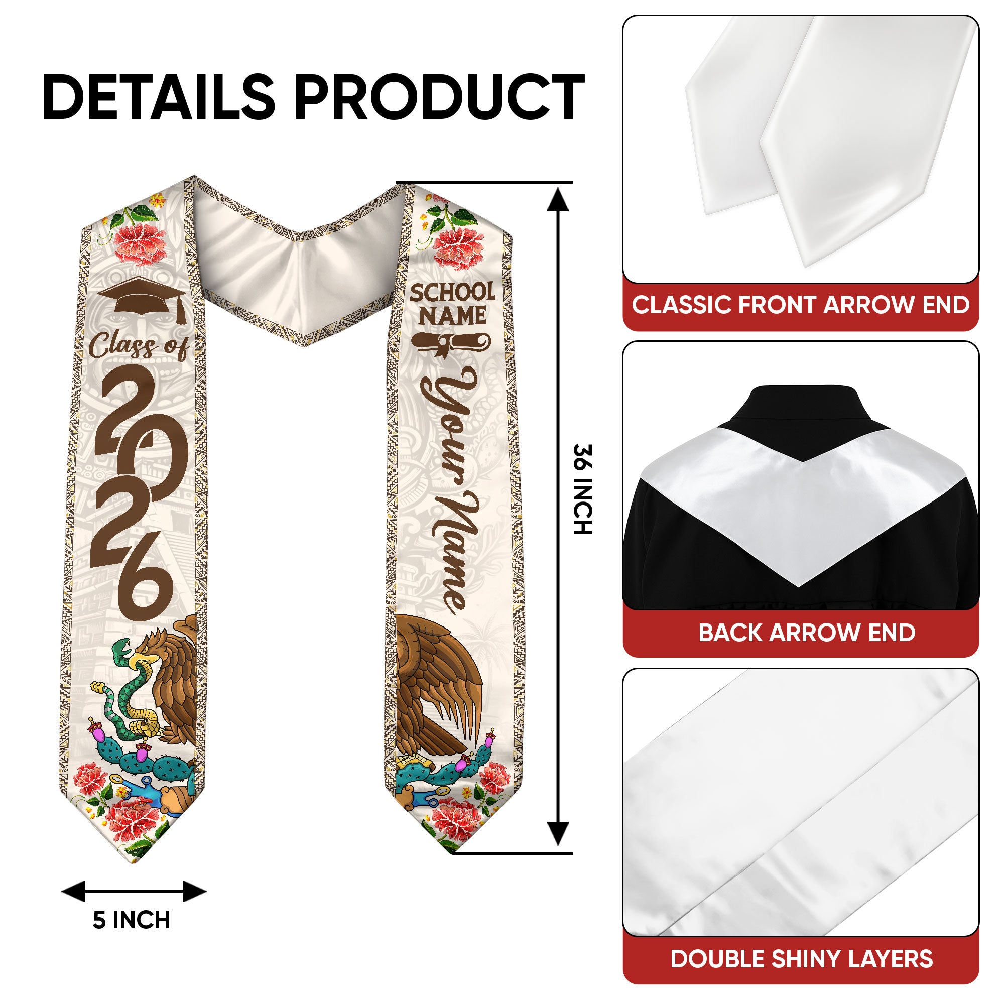 Customized Mexico Graduation Stole 2026, Mexican Flag Graduation Sash, Academic Style for Class of 2026